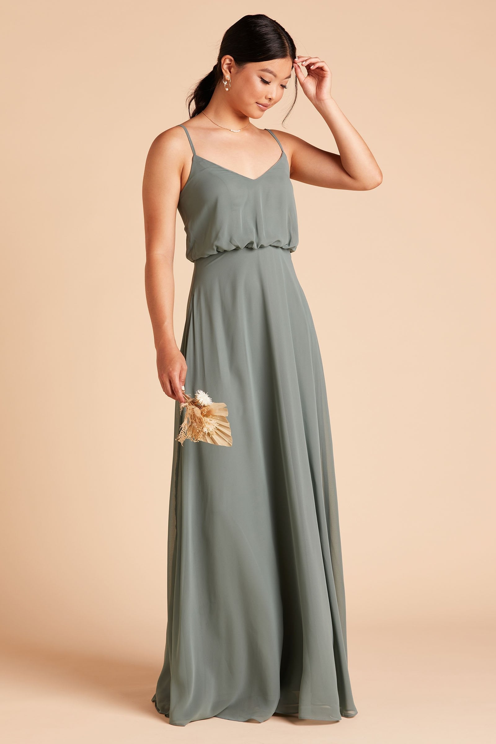 Gwennie bridesmaid dress in sea glass green chiffon by Birdy Grey, side view