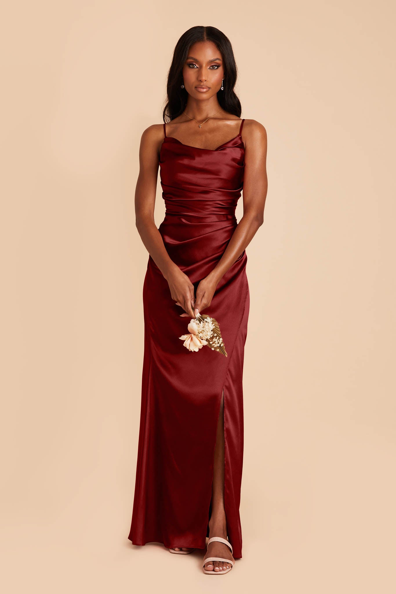 Cowl neck store red satin dress