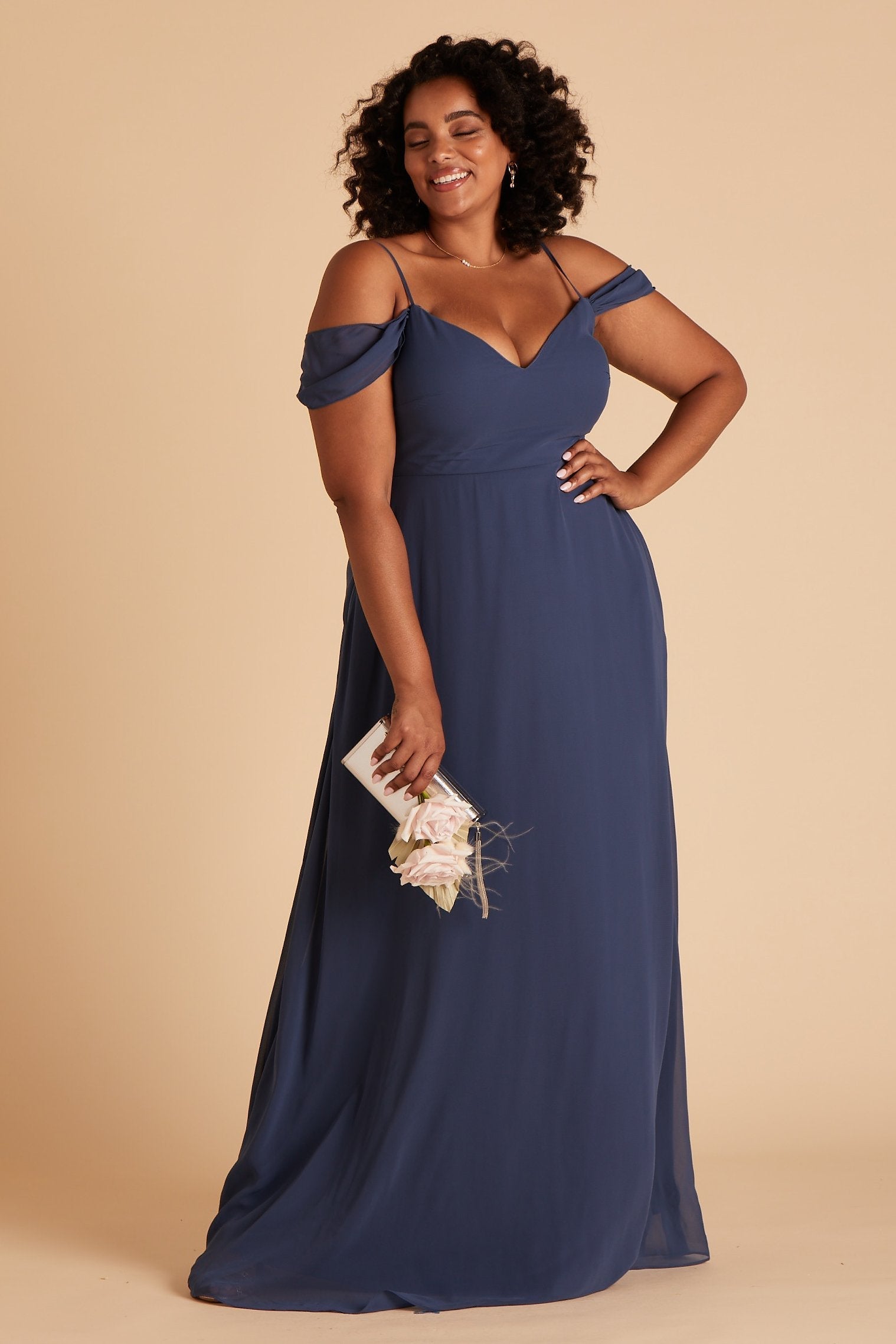 Devin convertible plus size bridesmaids dress in slate blue chiffon by Birdy Grey, front view