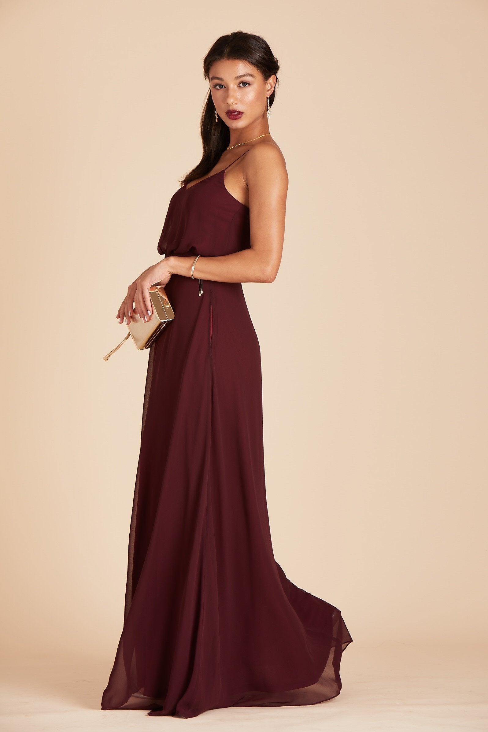 Gwennie bridesmaid dress in cabernet burgundy chiffon by Birdy Grey, side view