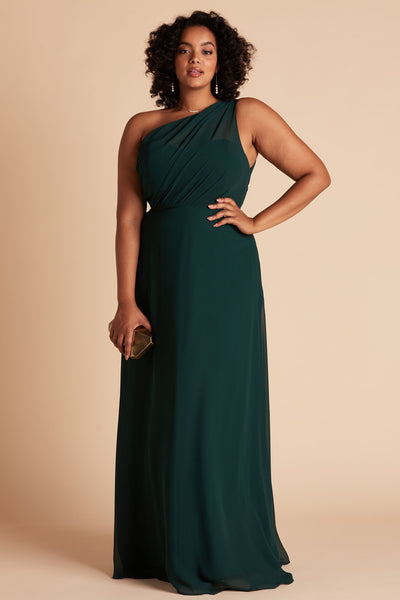 Kira plus size bridesmaid dress in emerald chiffon by Birdy Grey, front view