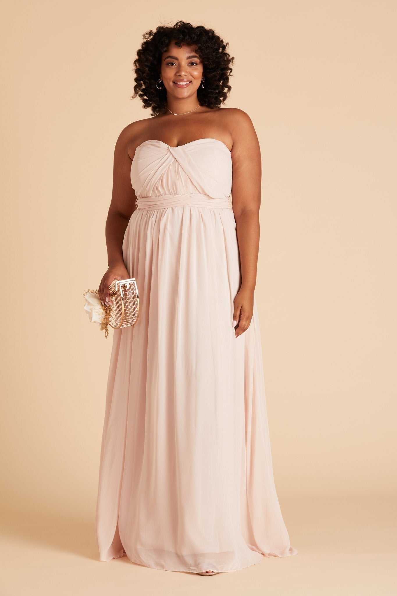 Grace convertible plus size bridesmaid dress in pale blush pink chiffon by Birdy Grey, front view