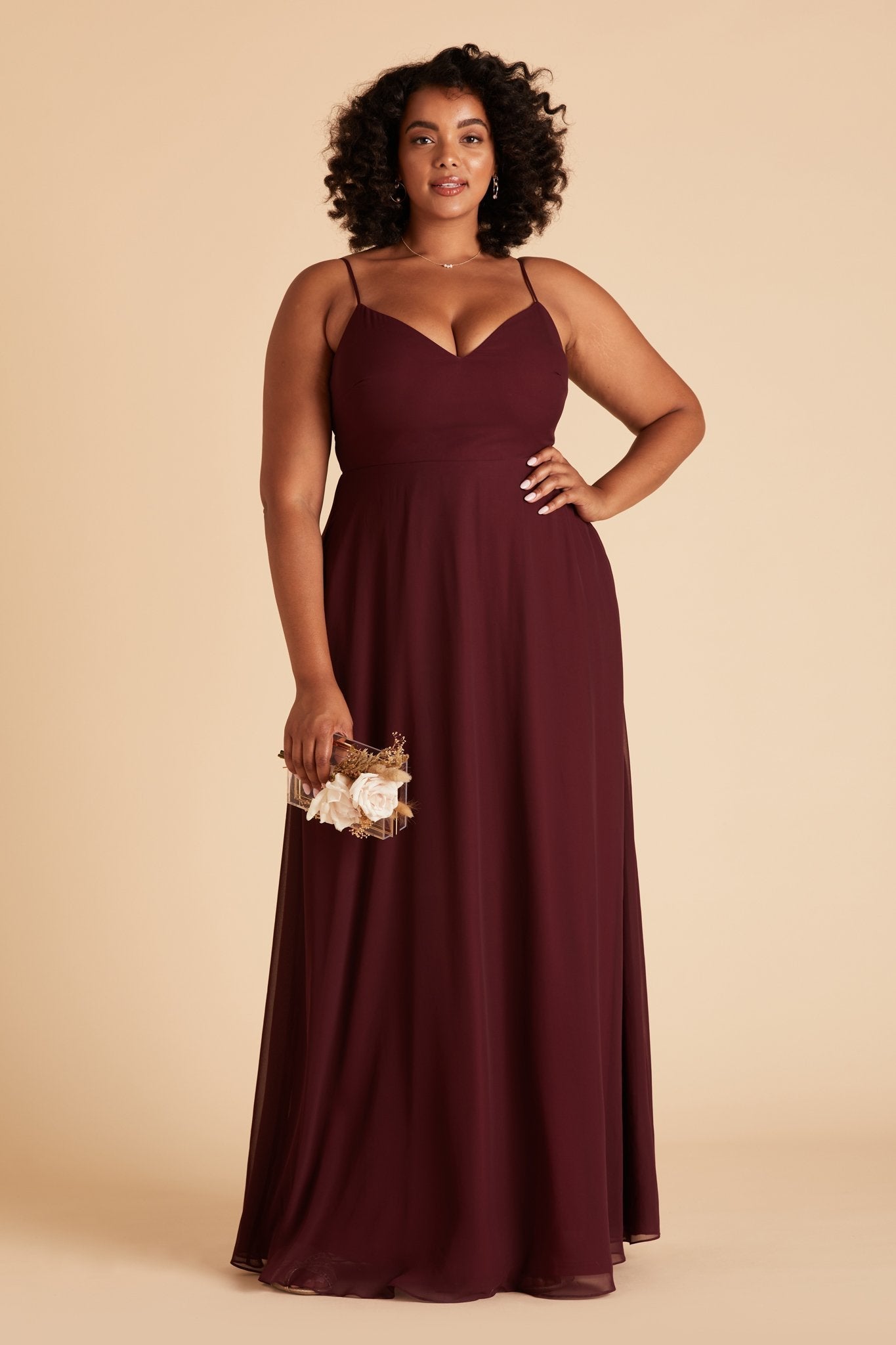 Devin convertible plus size bridesmaid dress in cabernet burgundy chiffon by Birdy Grey, front view