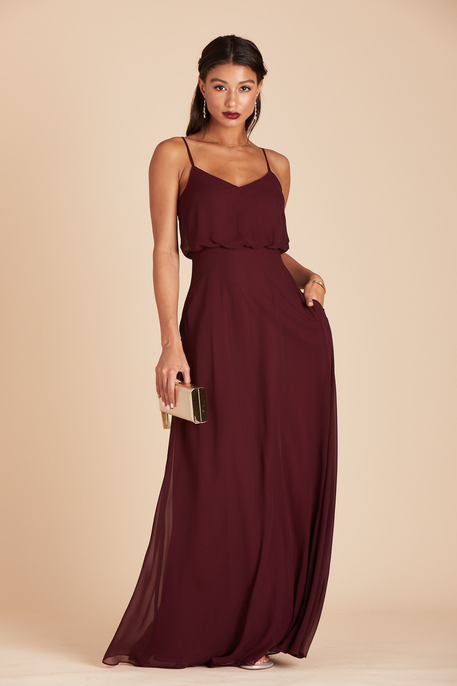 Gwennie bridesmaid dress in cabernet burgundy chiffon by Birdy Grey, front view with hand in pocket