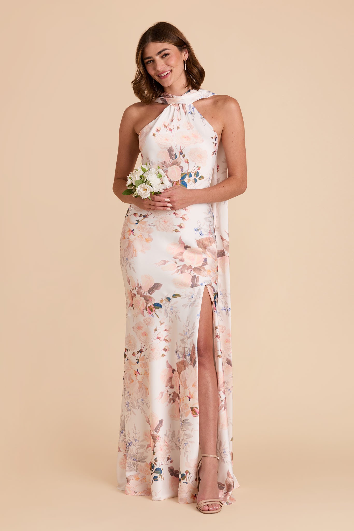 Champagne Cascadia Bouquet Eileen Matte Satin Dress by Birdy Grey