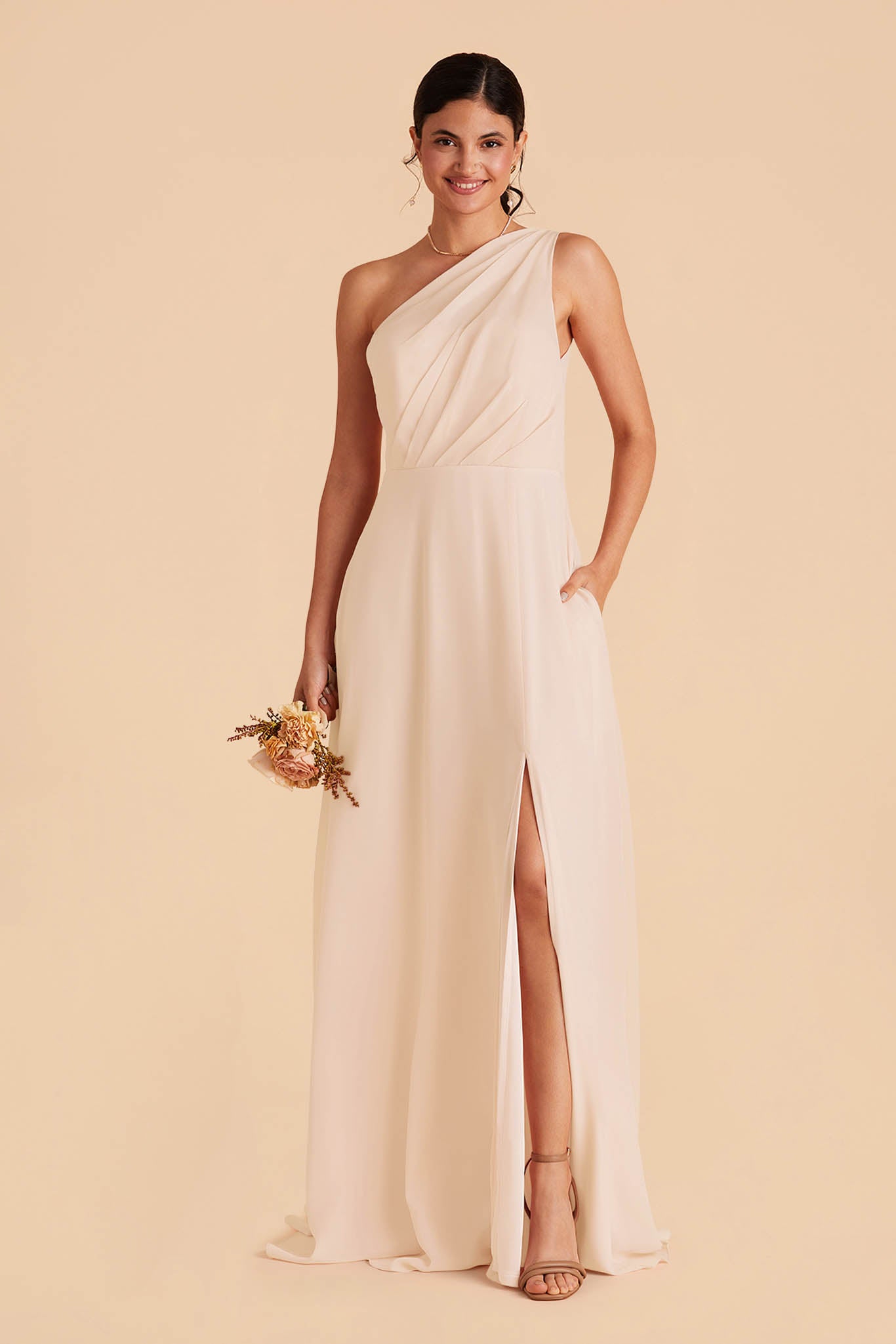 champagne one shoulder dresses bridesmaid