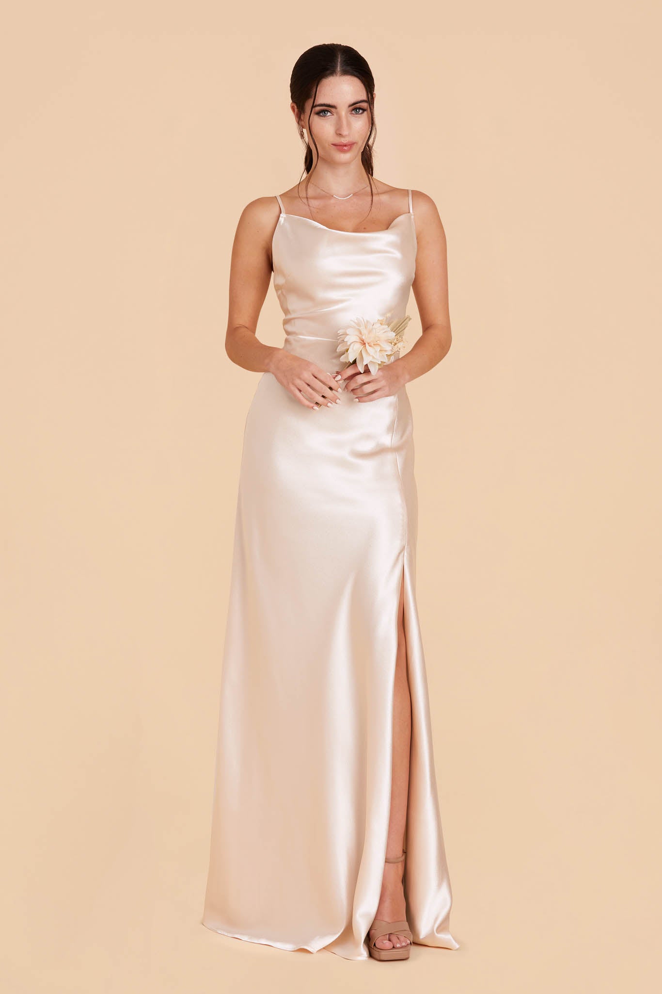 Champagne Lisa Long Satin Dress by Birdy Grey