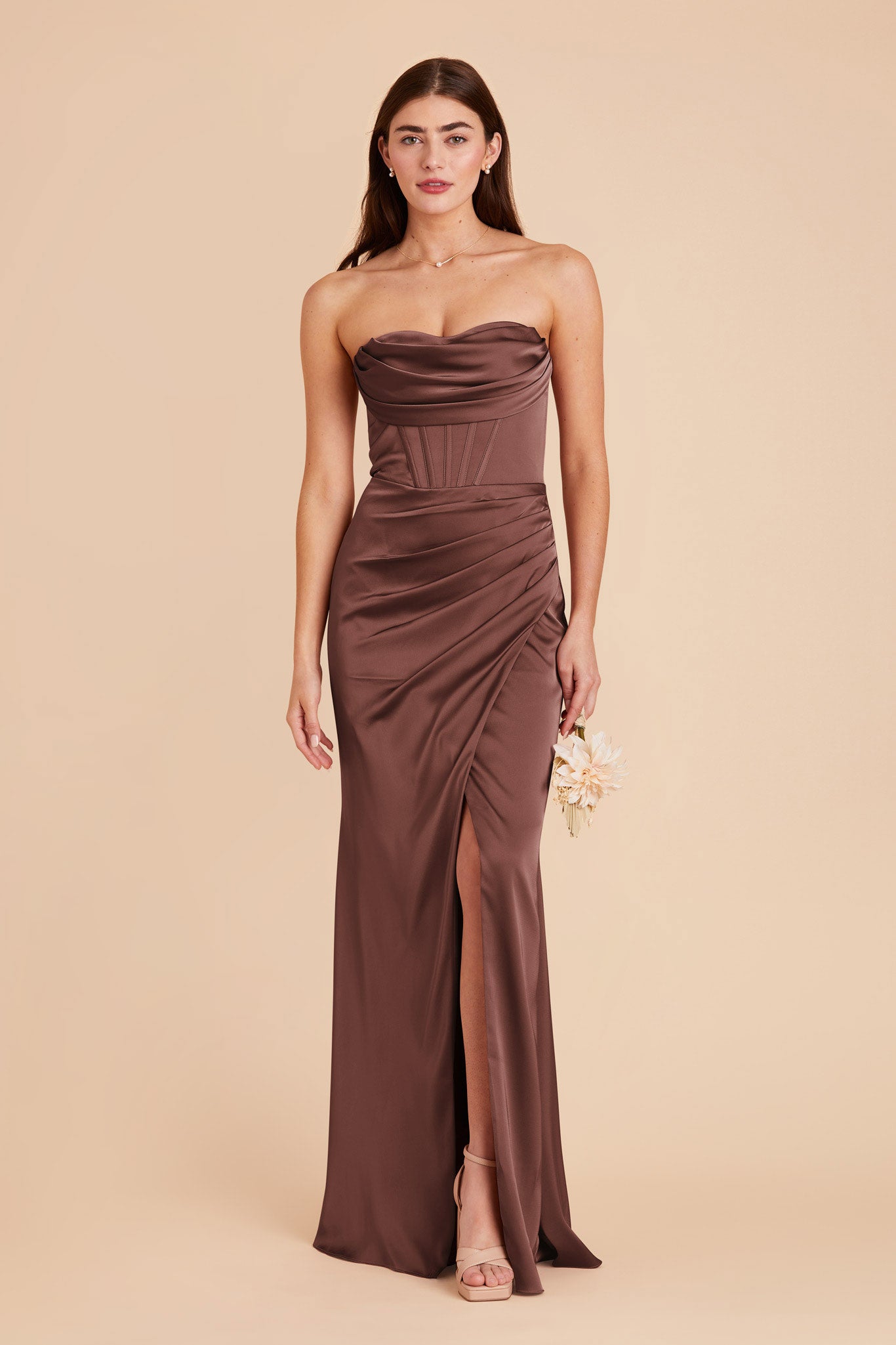 Chocolate Brown Carrie Matte Satin Dress by Birdy Grey