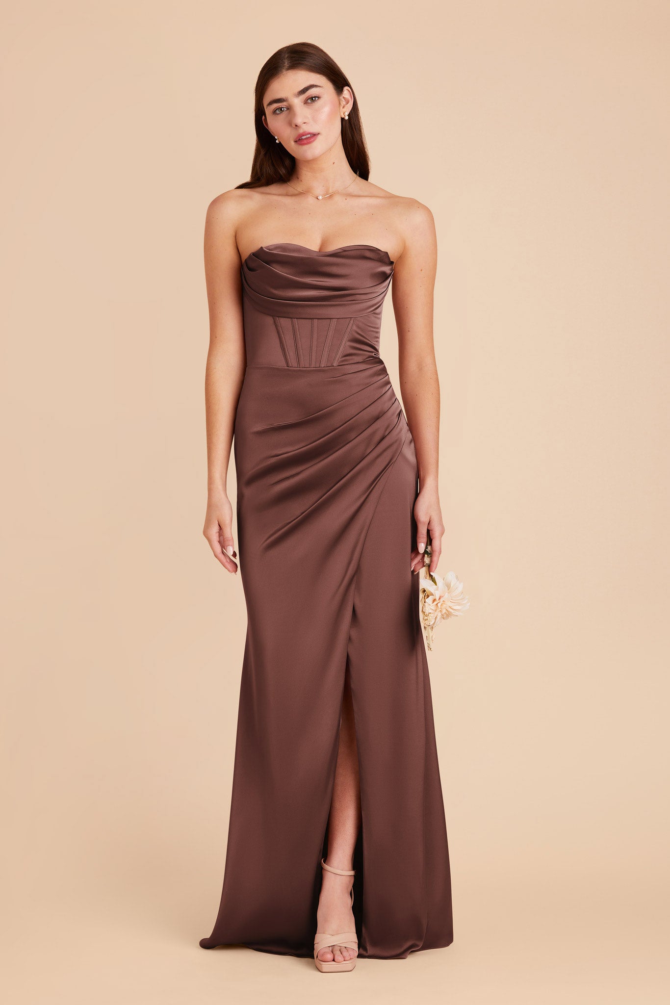 Chocolate Brown Carrie Matte Satin Dress by Birdy Grey