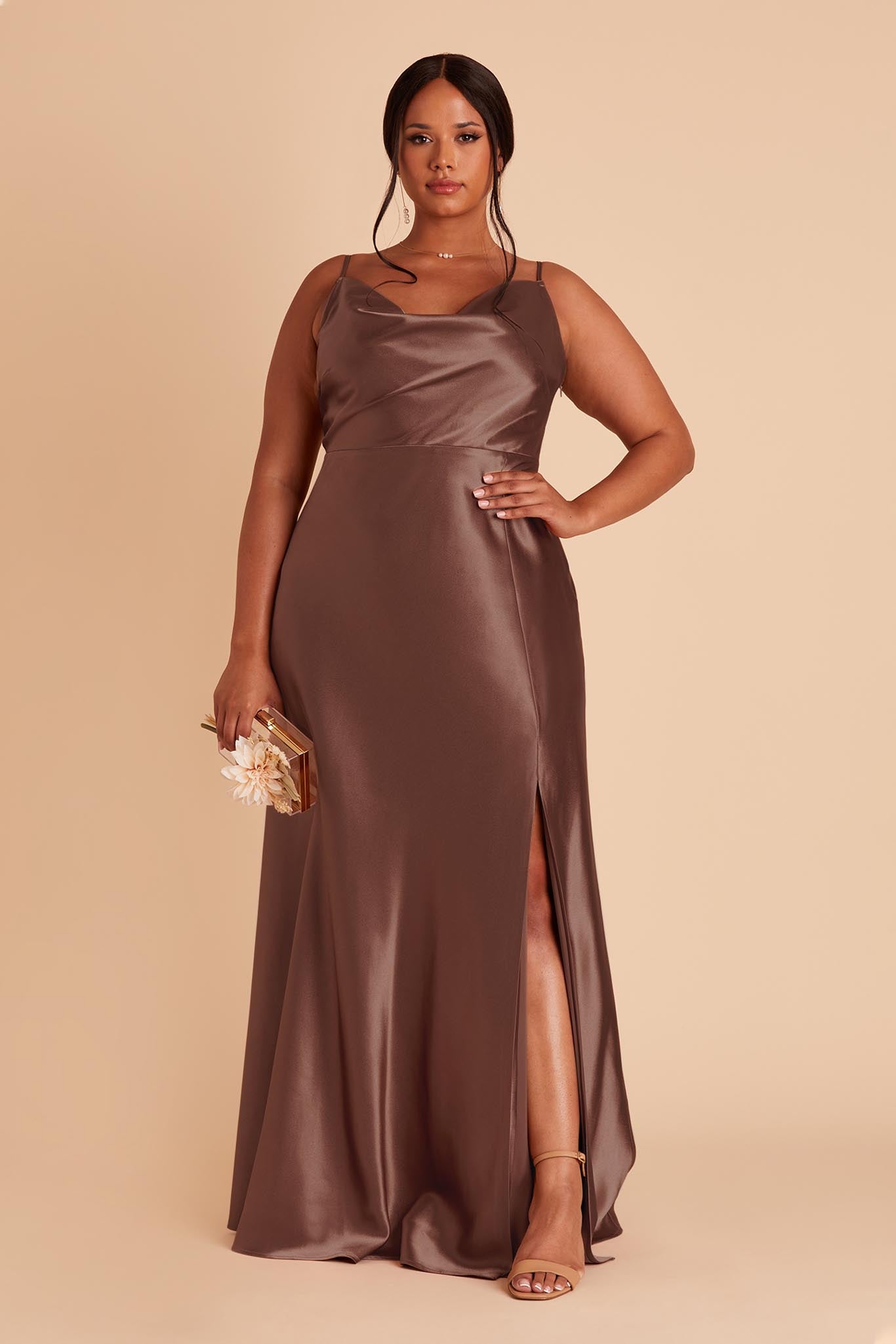 Lisa Long Satin Bridesmaid Dress in Chocolate Brown | Birdy Grey