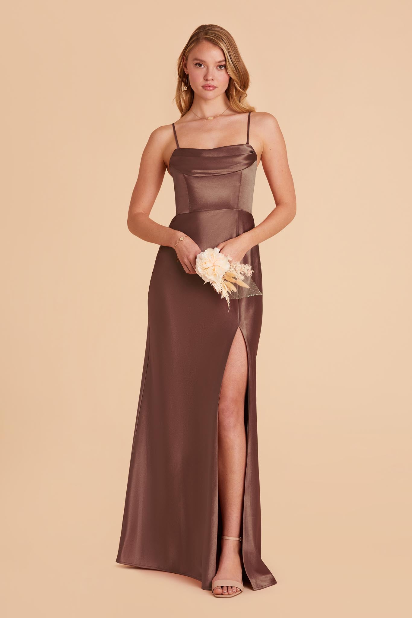 Mia Shiny Satin Convertible Dress Chocolate Brown Birdy Grey