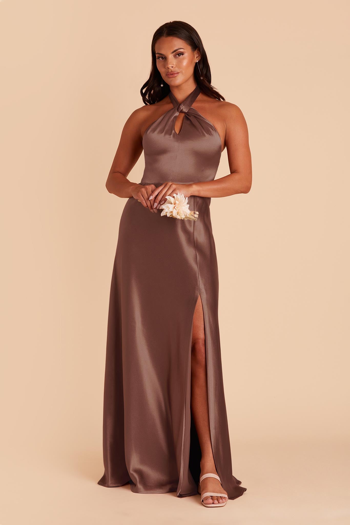 Monica Shiny Satin Dress - Chocolate Brown | Birdy Grey