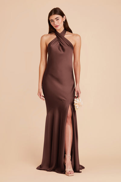 Chocolate Brown Stephanie Matte Satin Dress by Birdy Grey