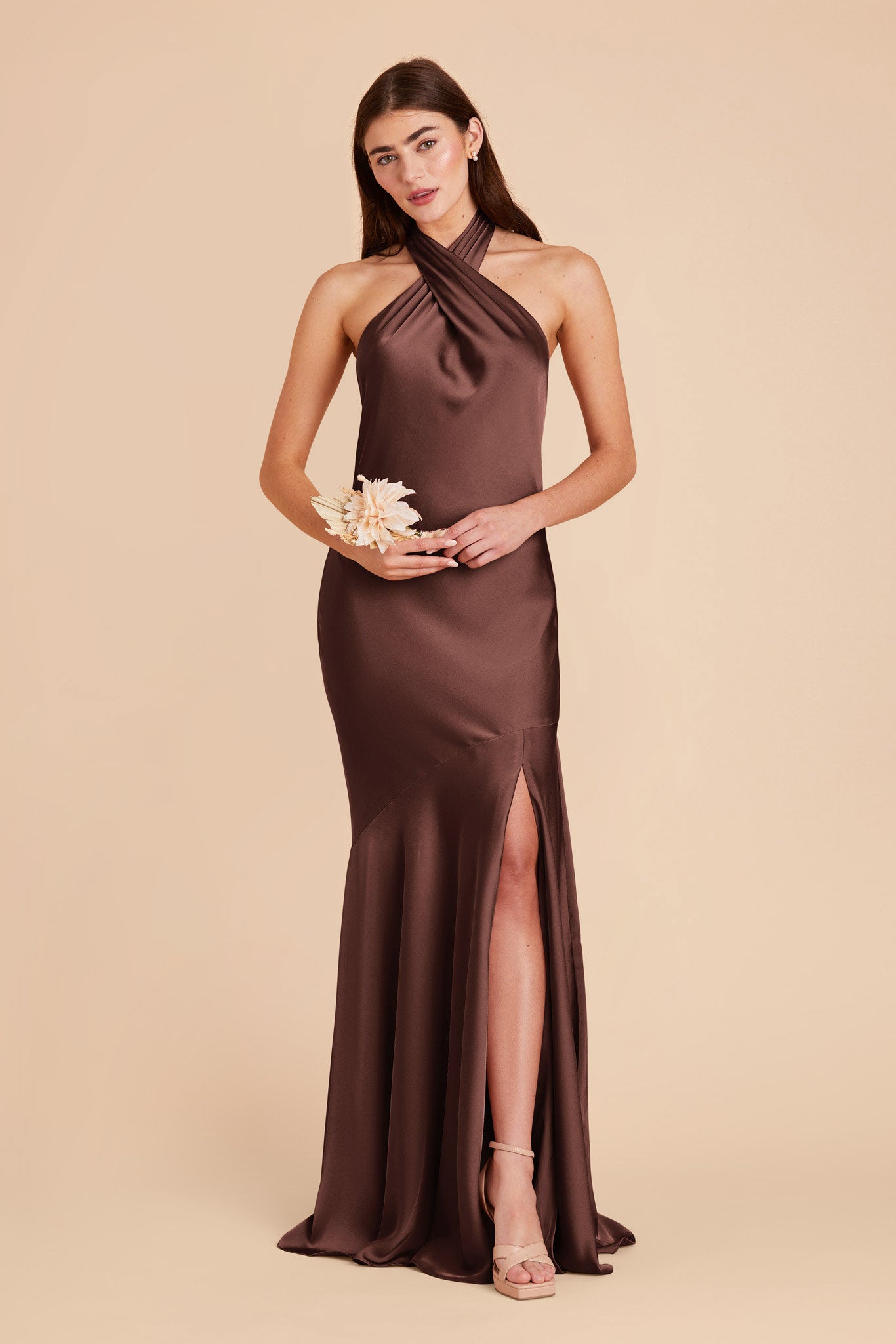 Chocolate Brown Stephanie Matte Satin Dress by Birdy Grey