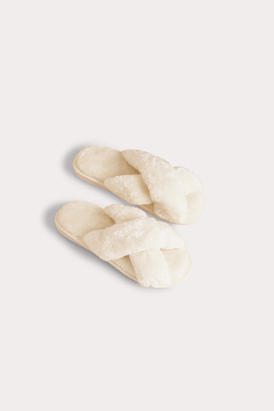 Criss Cross Fuzzy Slippers - Cream