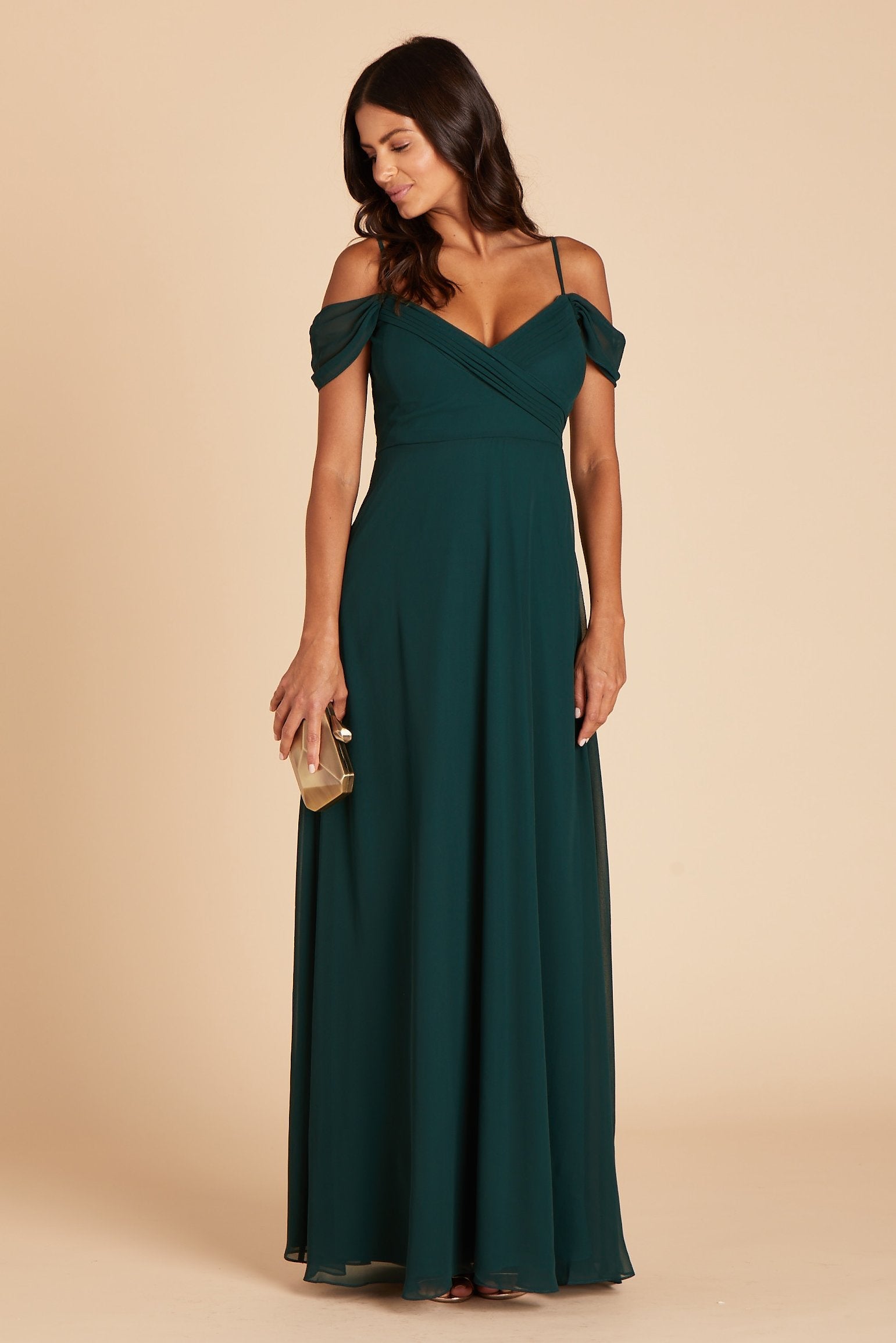 Spence convertible bridesmaid dress in emerald green chiffon by Birdy Grey, front view