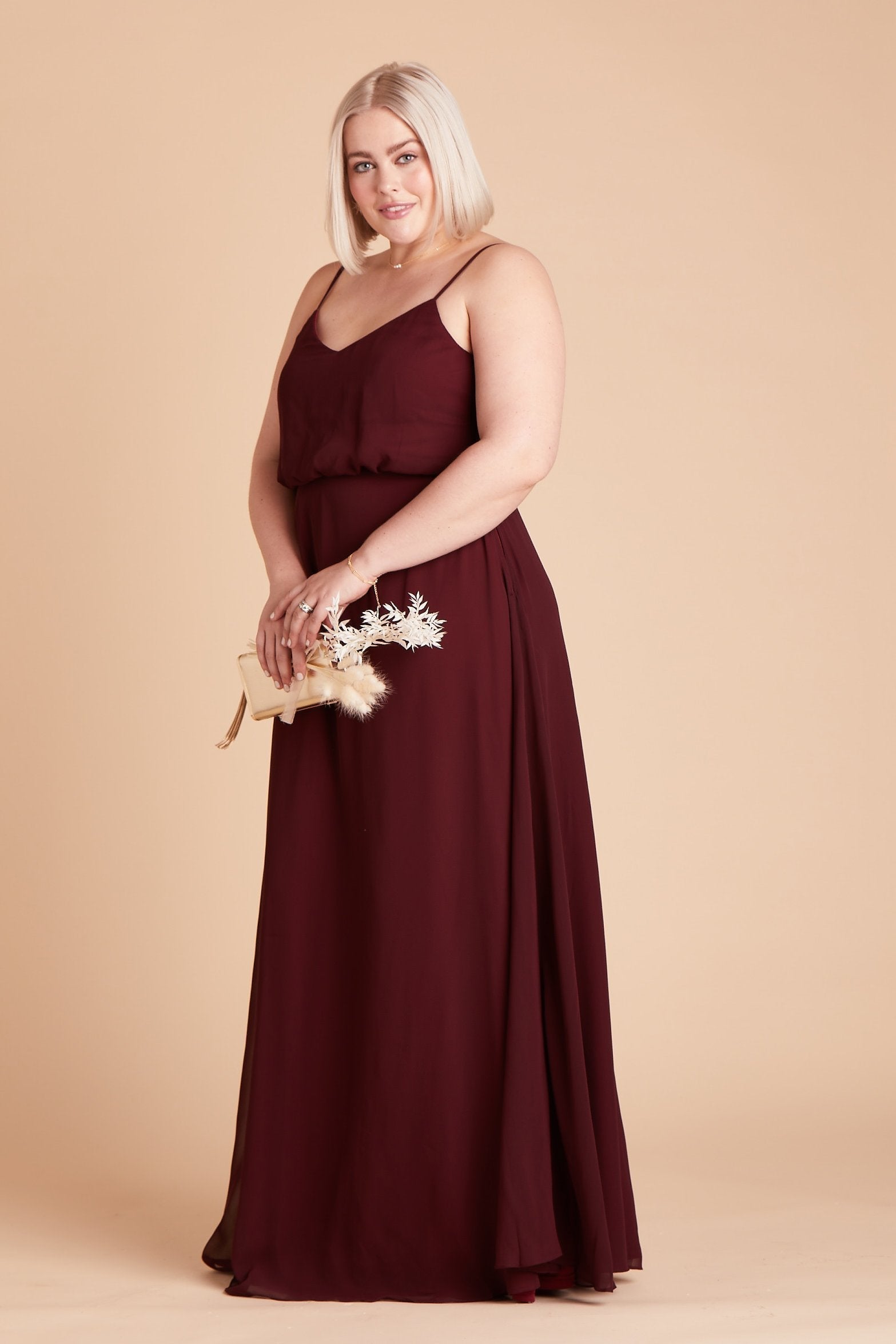 Gwennie plus size bridesmaid dress in cabernet burgundy chiffon by Birdy Grey, side view