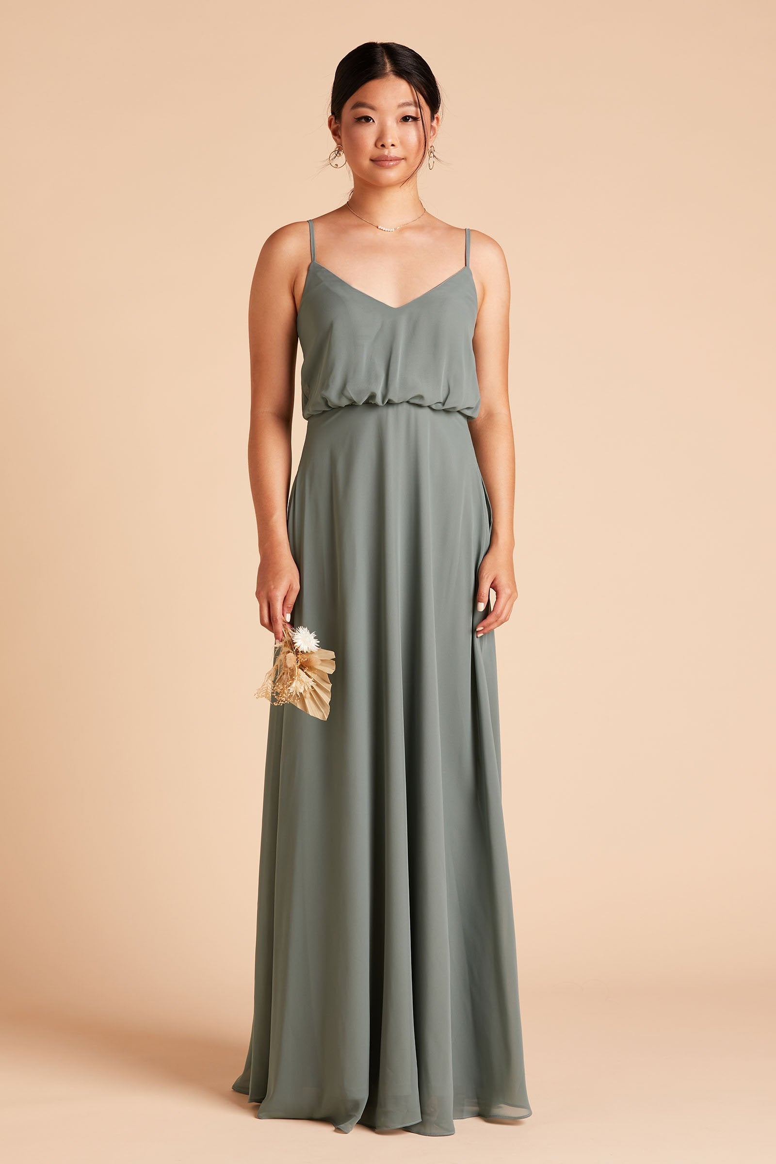 Gwennie bridesmaid dress in sea glass green chiffon by Birdy Grey, front view