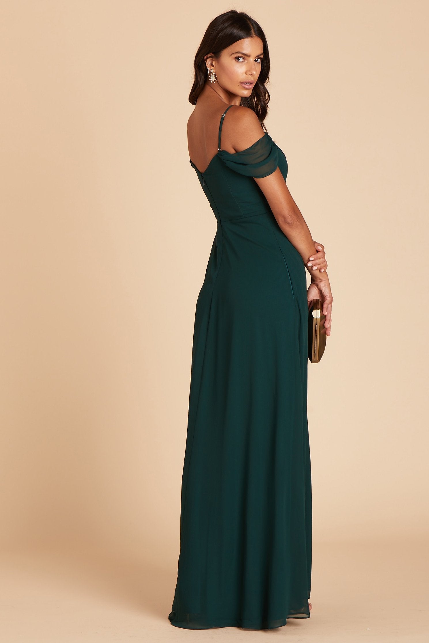 Spence convertible bridesmaid dress in emerald green chiffon by Birdy Grey, side view