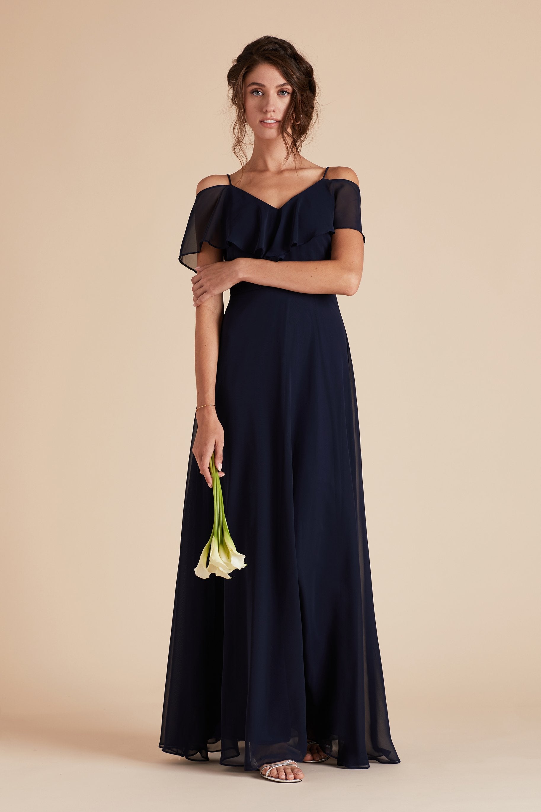 Jane convertible bridesmaid dress in navy blue chiffon by Birdy Grey, front viewJane convertible bridesmaid dress with slit in navy blue chiffon by Birdy Grey, front view