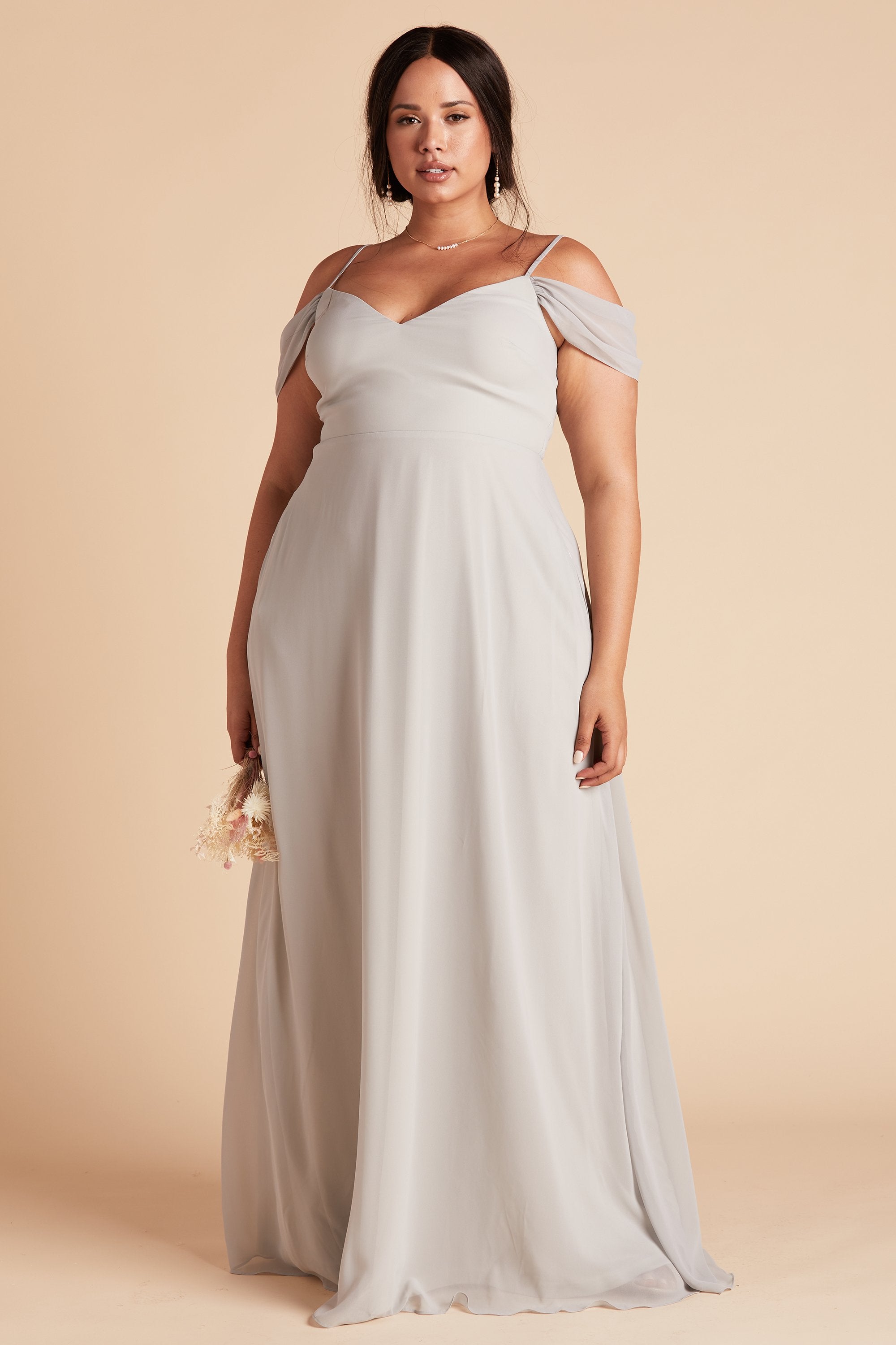 Devin convertible plus size bridesmaid dress in dove gray chiffon by Birdy Grey, front view