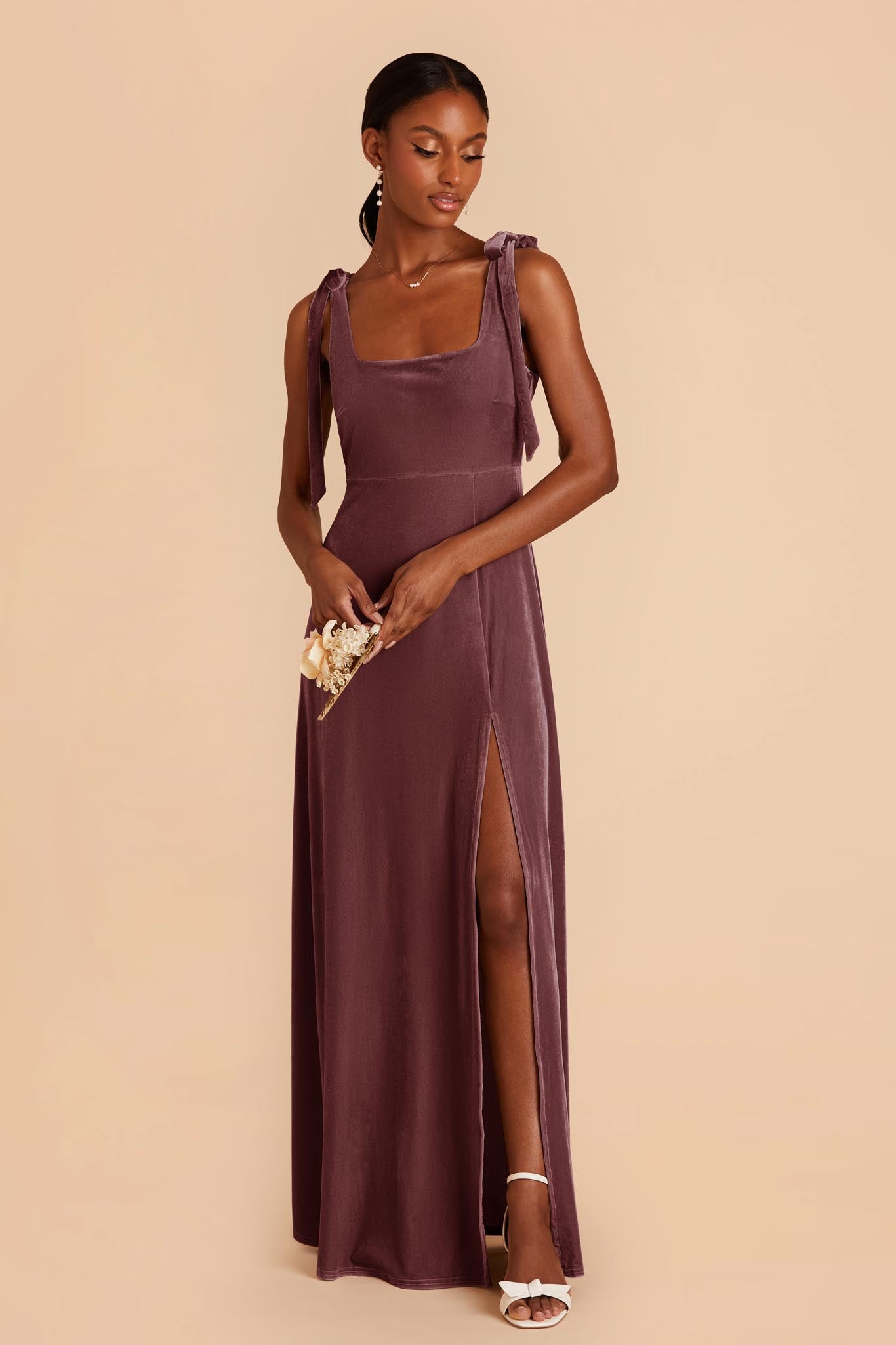 Alex Desert Rose A-Line Velvet Bridesmaid Dress | Birdy Grey