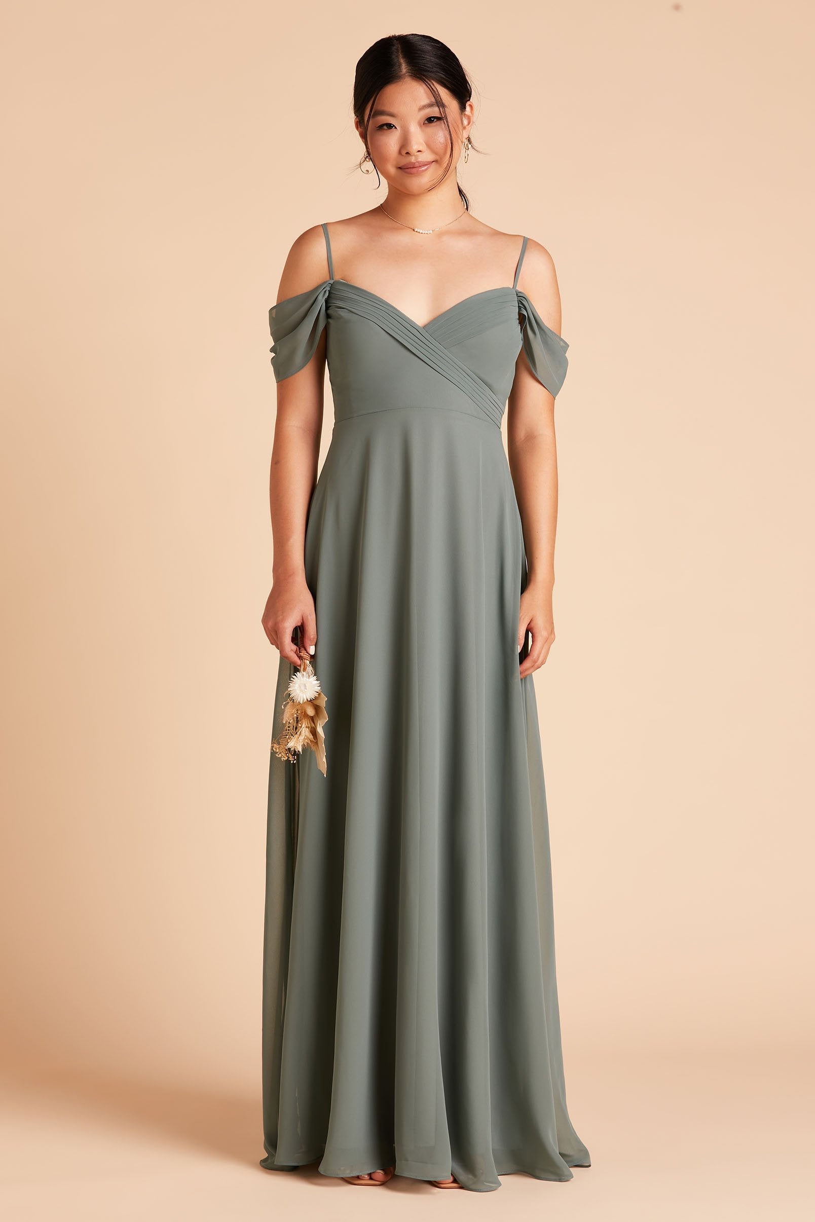 Spence convertible bridesmaid dress in sea glass green chiffon by Birdy Grey, front view