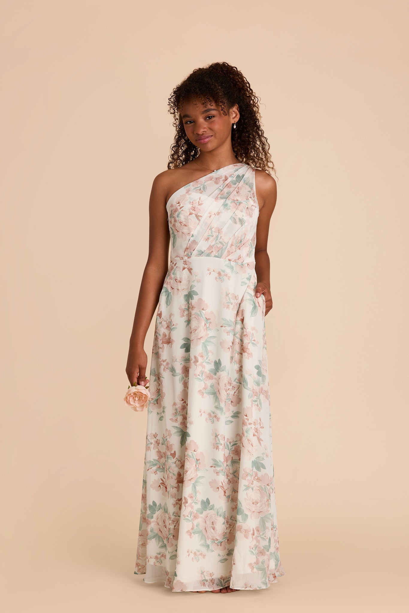 Kiara Dusty Apricot Peonies Chiffon Junior Bridesmaid Dress | Birdy Grey