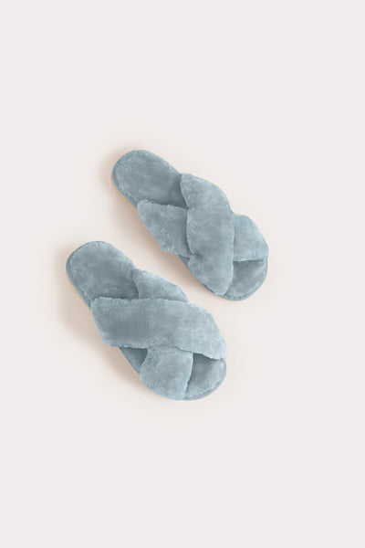 Dusty Blue Crisscross Fuzzy Slippers by Birdy Grey