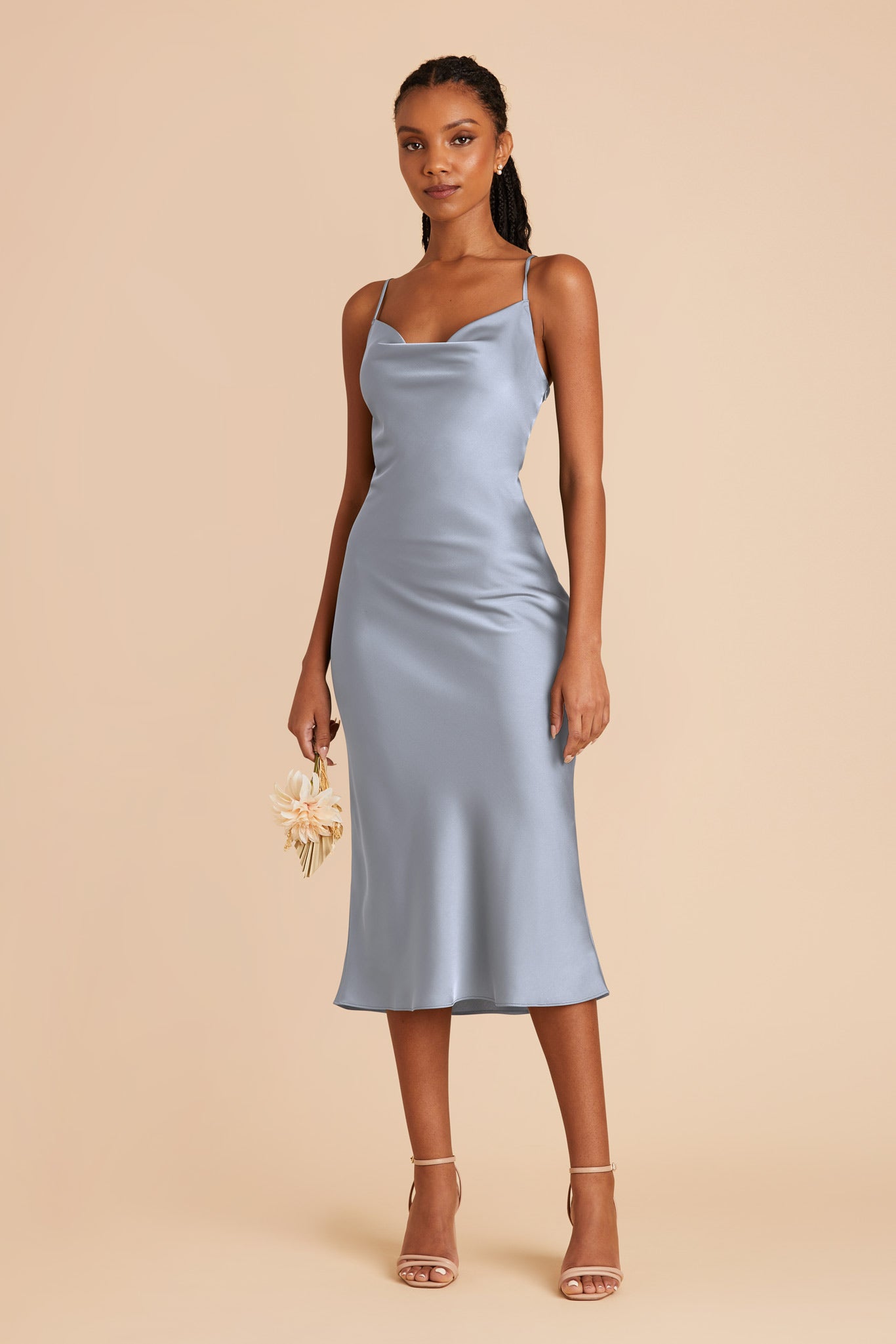 Lisa Matte Satin Cowl Neck Midi Slip Bridesmaid Dress in Dusty Blue | Birdy  Grey