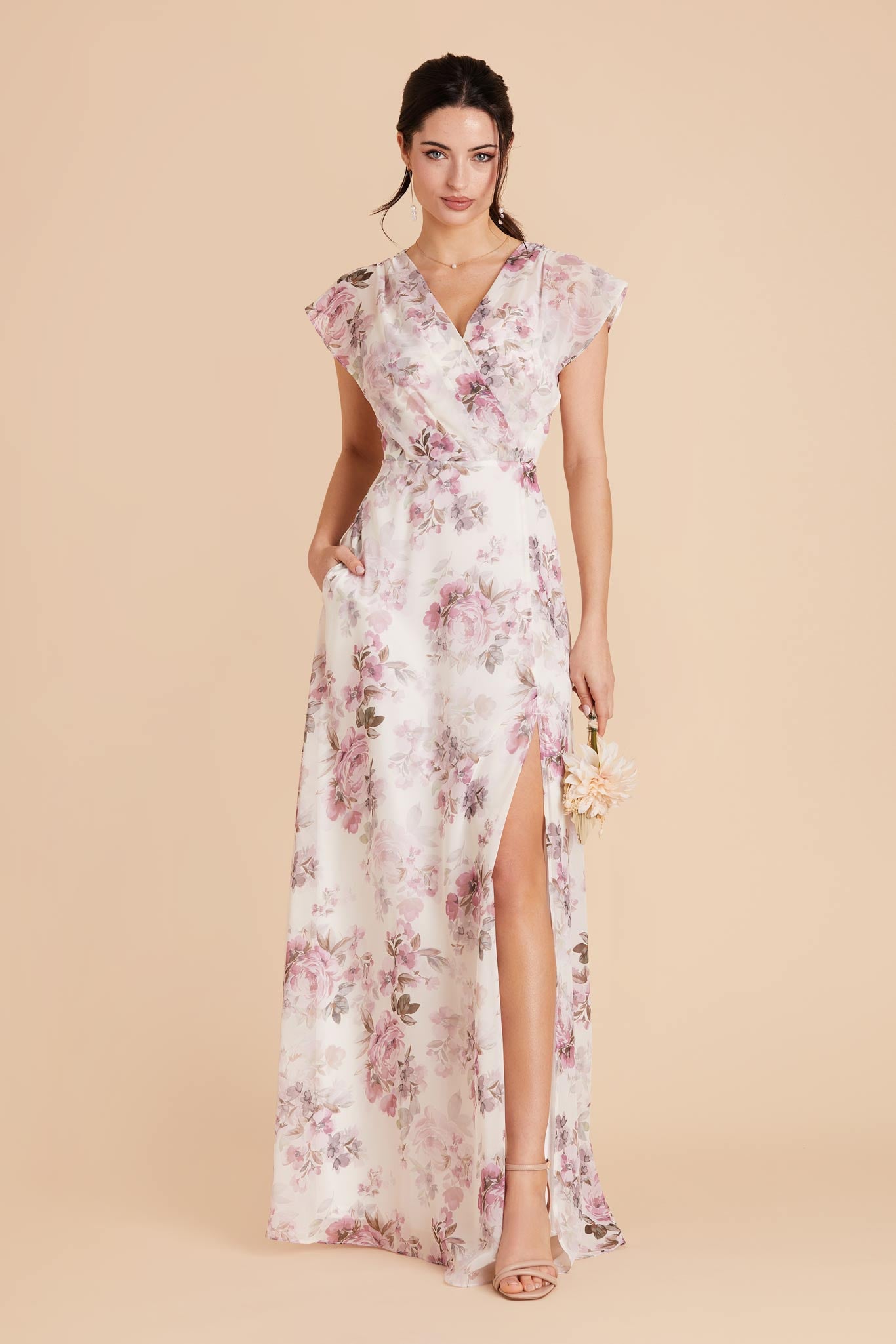 Dusty Pink Peonies Violet Chiffon Dress by Birdy Grey