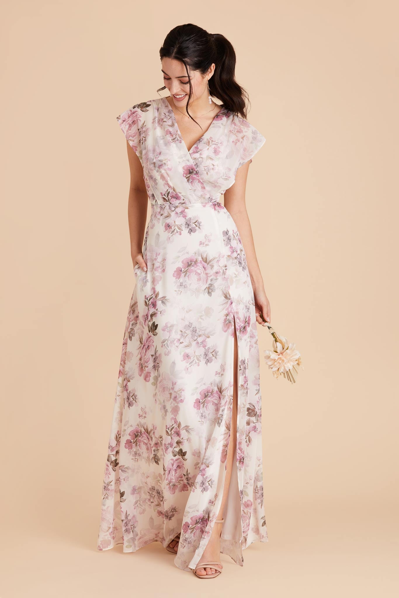 Dusty Pink Peonies Violet Chiffon Dress by Birdy Grey