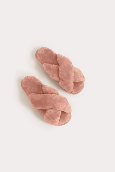 Dusty Rose Crisscross Fuzzy Slippers by Birdy Grey