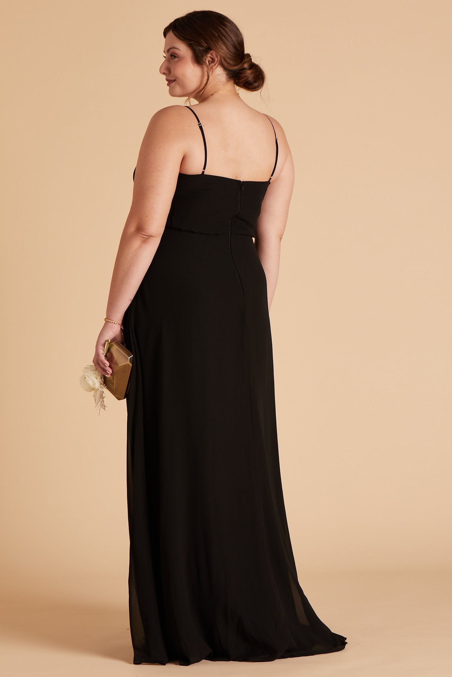 Gwennie plus size bridesmaid dress in black chiffon by Birdy Grey, back view