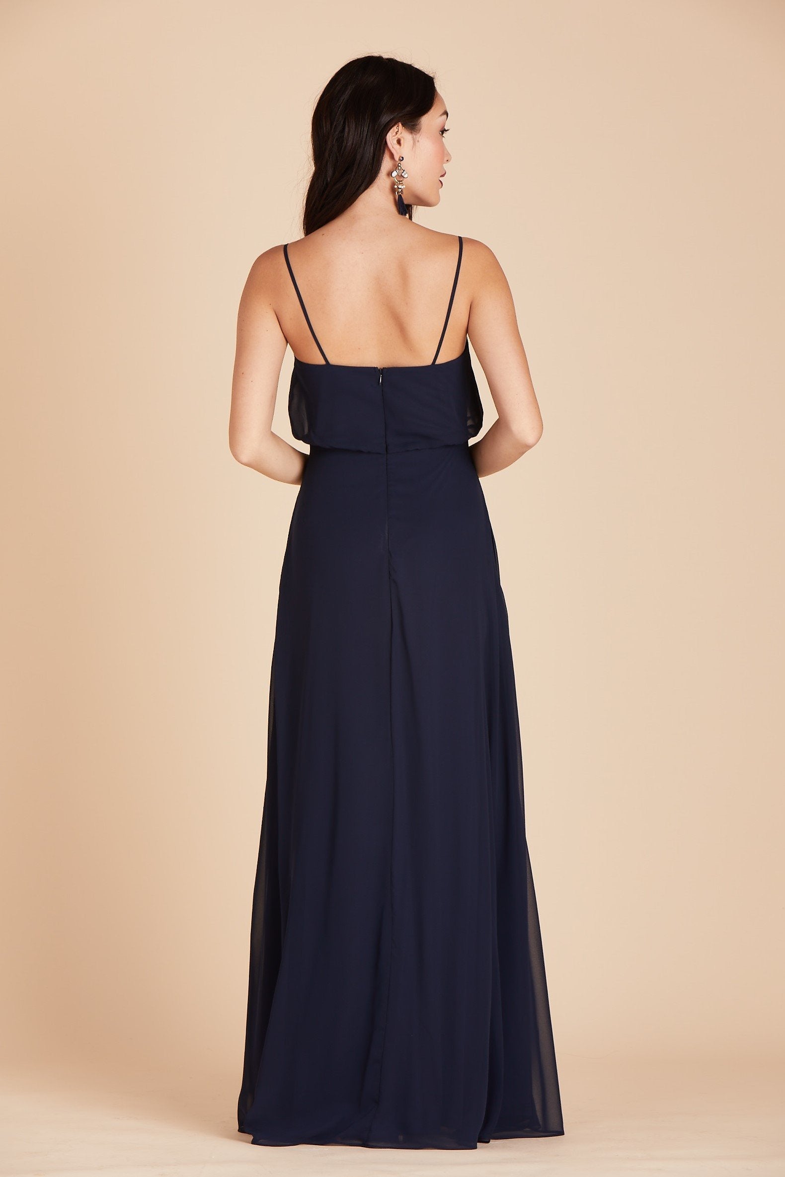 Gwennie bridesmaid dress in navy blue chiffon by Birdy Grey, back view