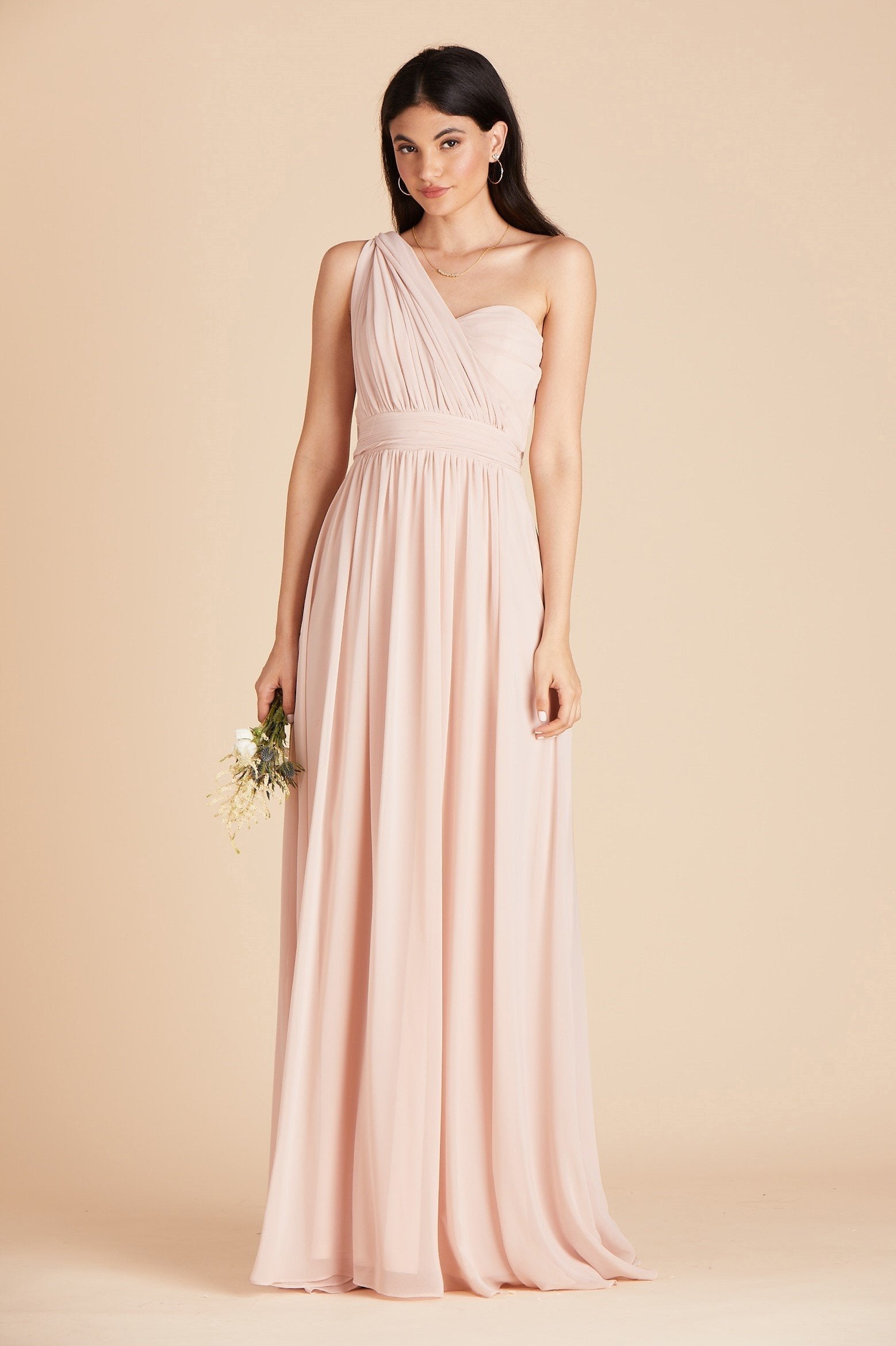 Grace convertible bridesmaid dress in pale blush pink chiffon by Birdy Grey, front view