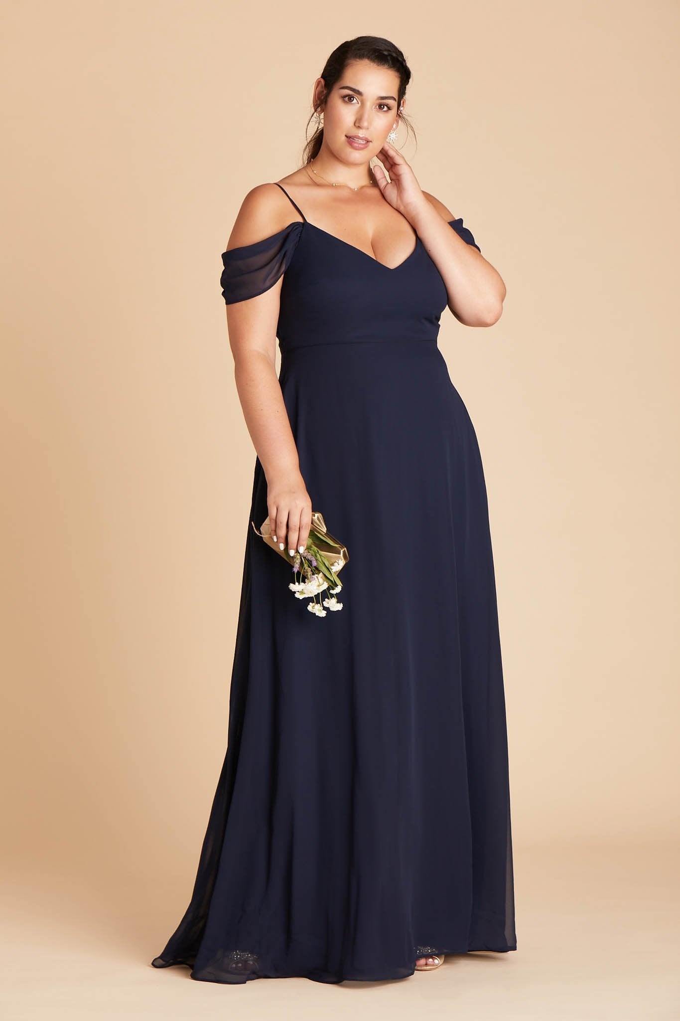 Devin convertible plus size bridesmaids dress in navy blue chiffon by Birdy Grey, front view