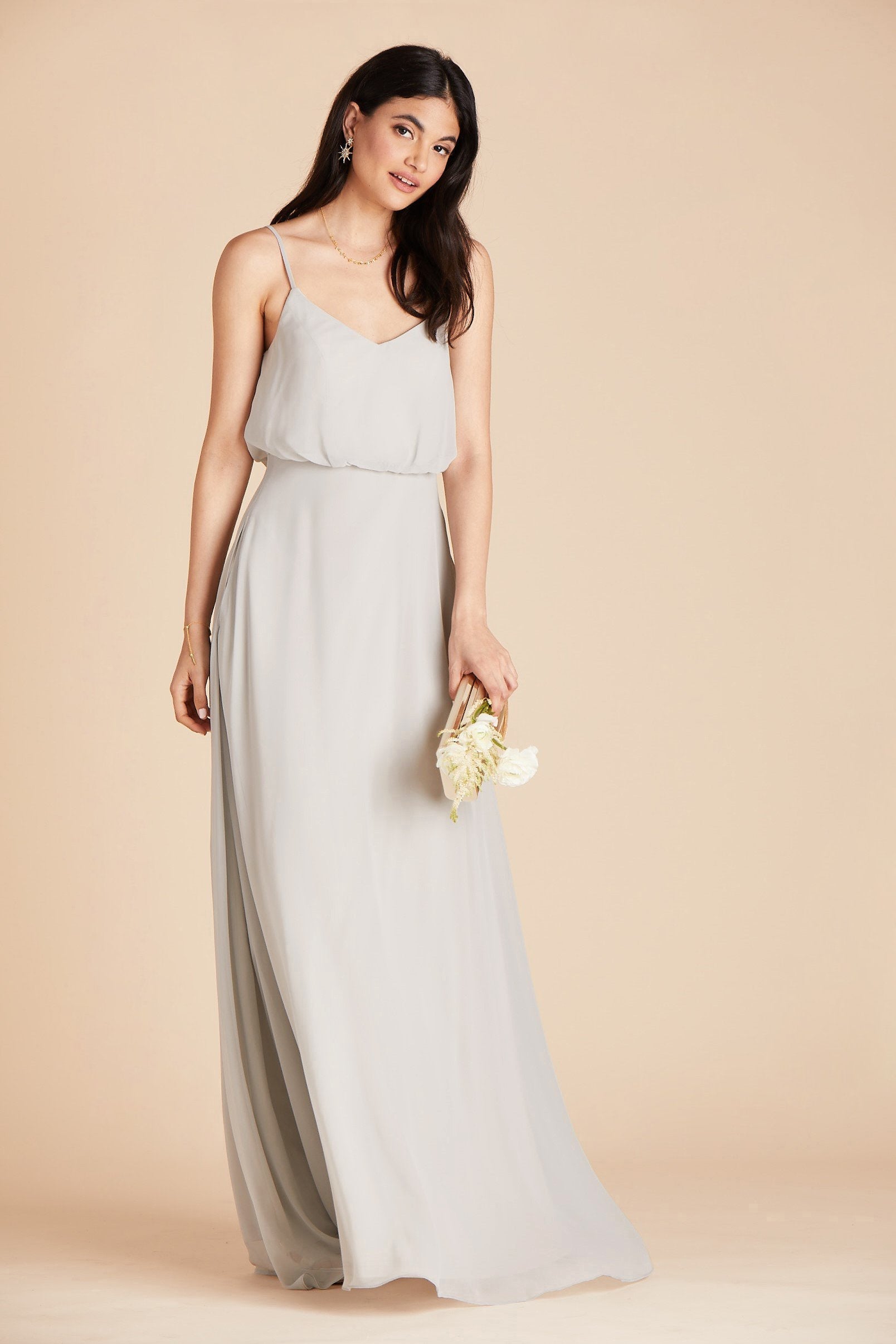 Gwennie bridesmaid dress in dove gray chiffon by Birdy Grey, front view