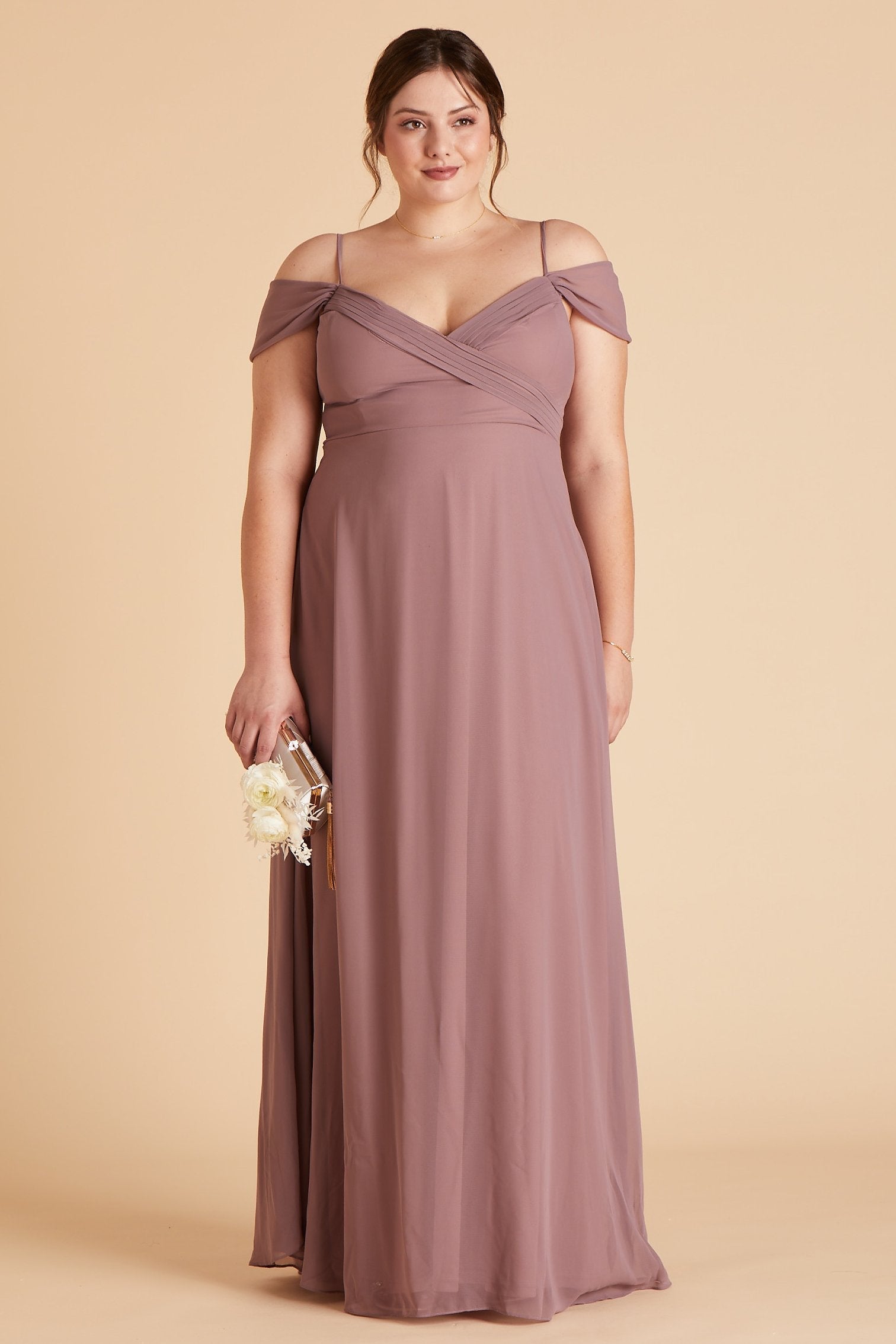 Spence convertible plus size bridesmaid dress in dark mauve chiffon by Birdy Grey, front view