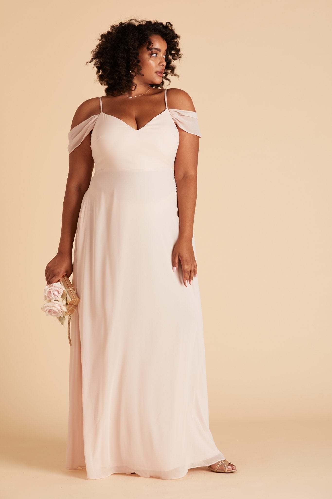 Devin convertible plus size bridesmaids dress in pale blush chiffon by Birdy Grey, front view