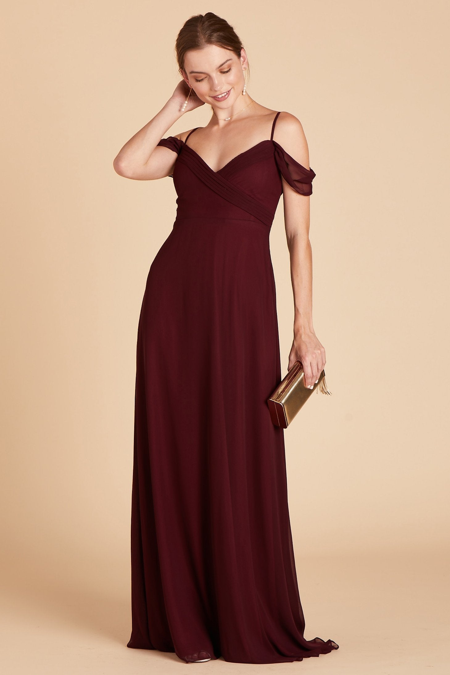 Spence convertible bridesmaid dress in cabernet burgundy chiffon by Birdy Grey, front view