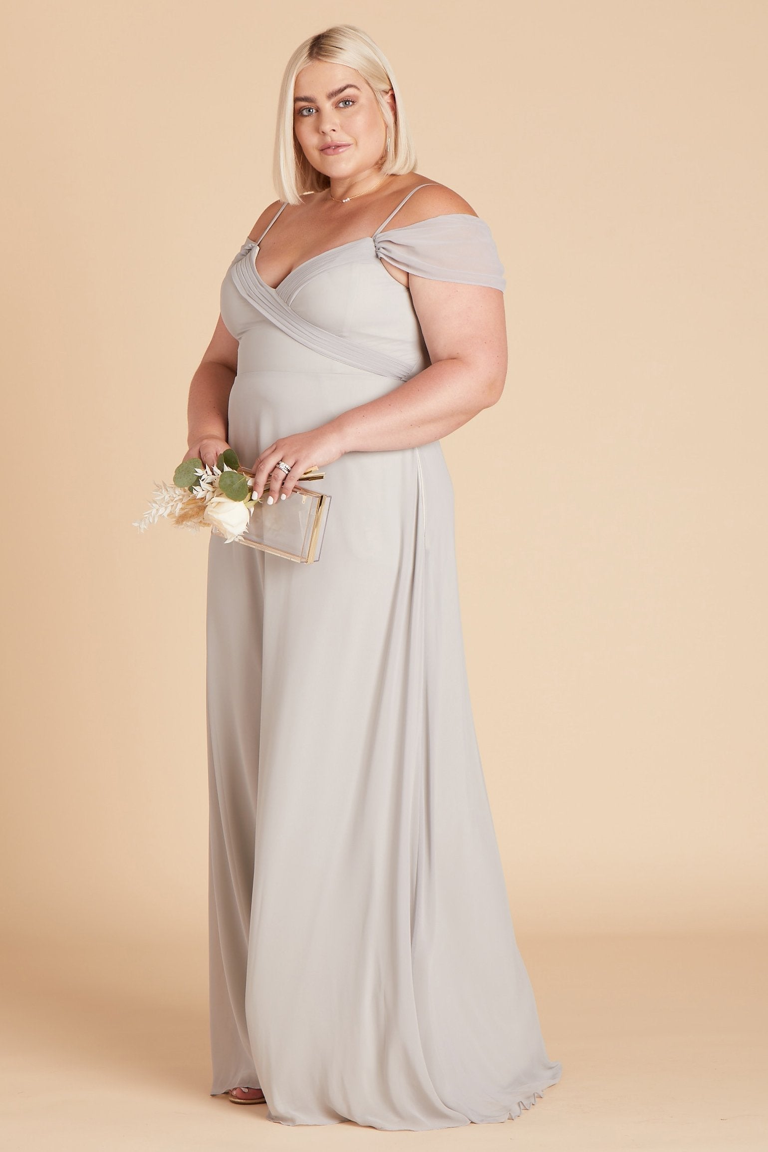 Spence convertible plus size bridesmaid dress in silver chiffon by Birdy Grey, side view