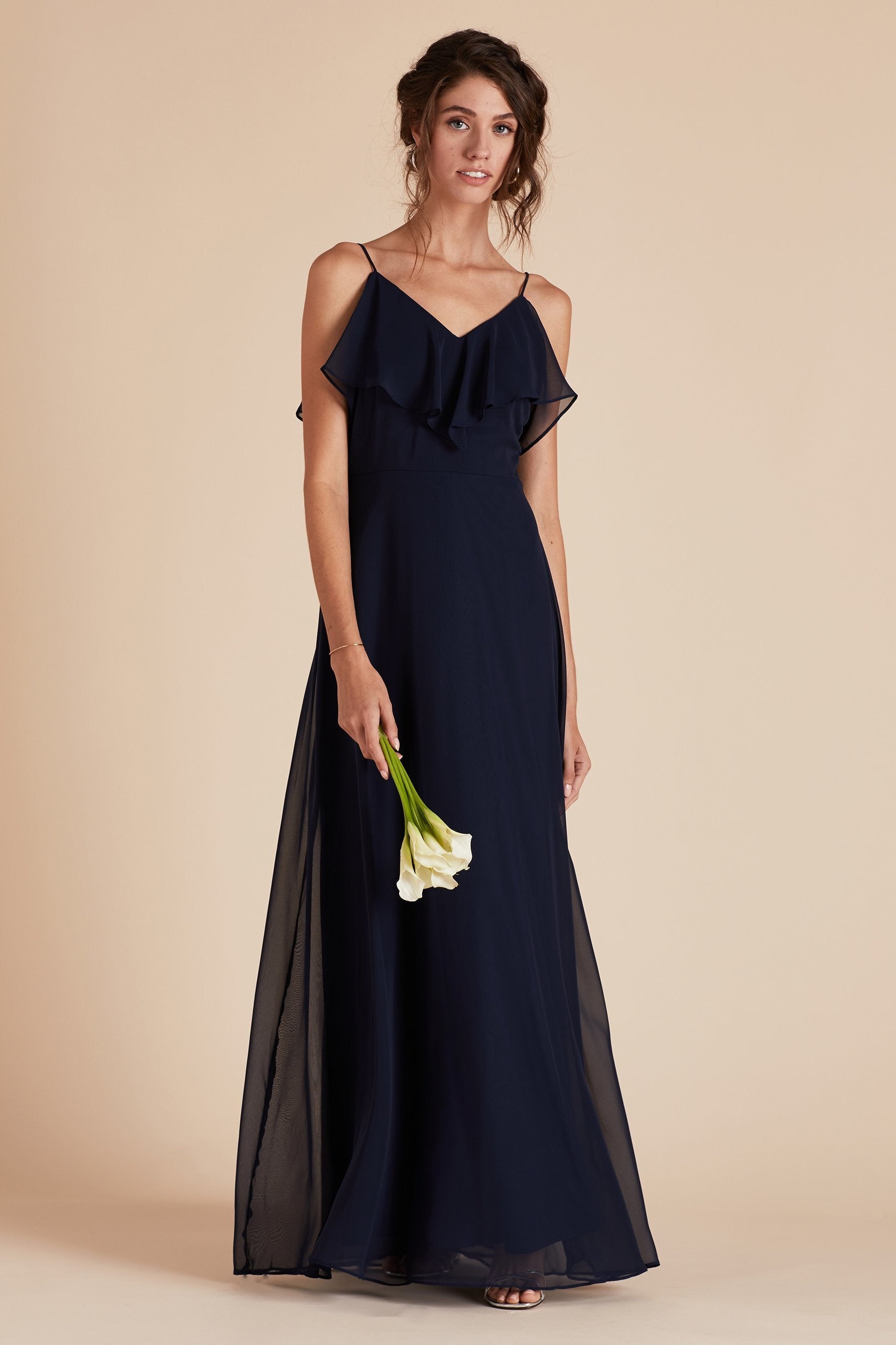 Jane convertible bridesmaid dress in navy blue chiffon by Birdy Grey, front viewJane convertible bridesmaid dress with slit in navy blue chiffon by Birdy Grey, front view