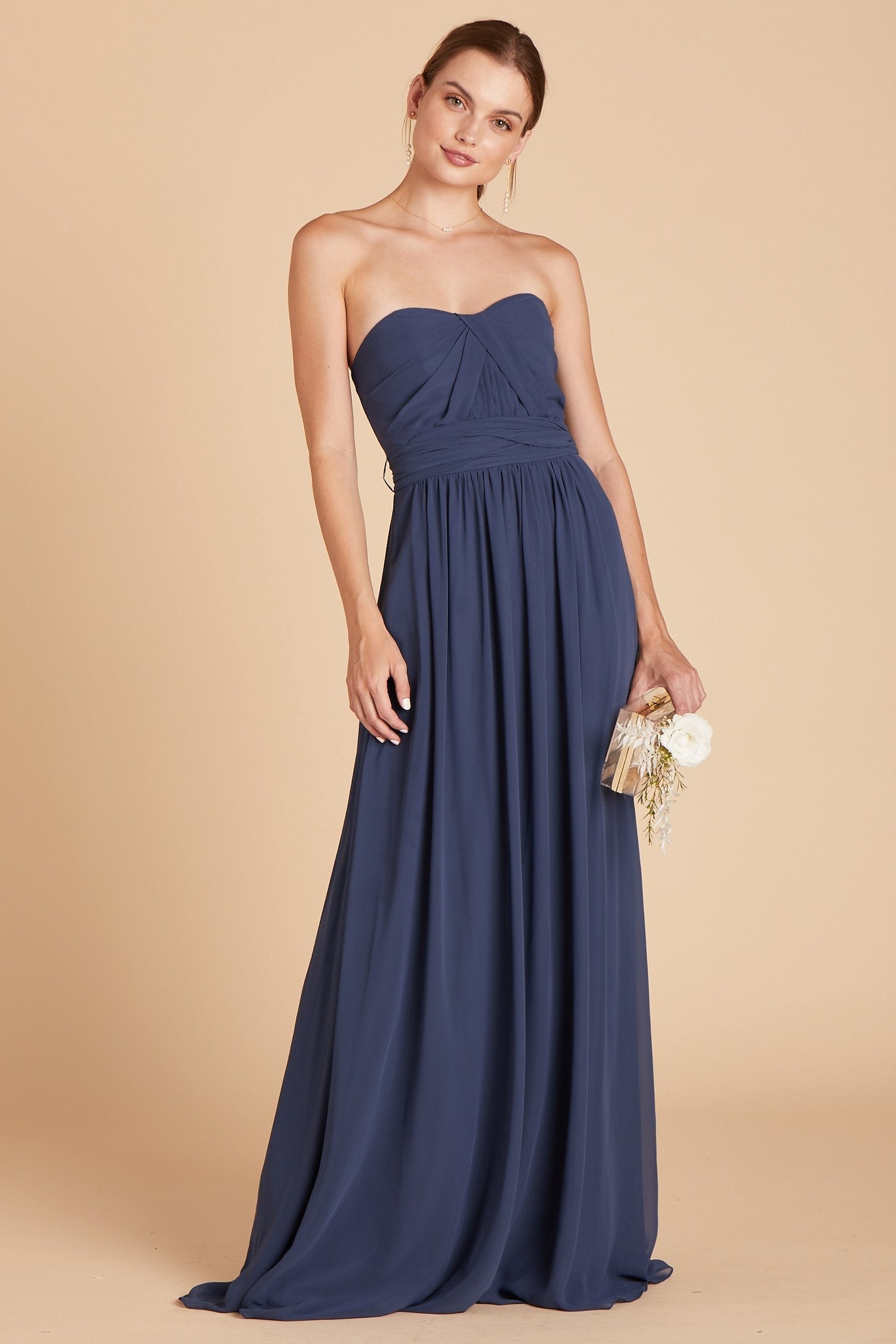 Grace convertible bridesmaid dress in slate blue chiffon by Birdy Grey, front view