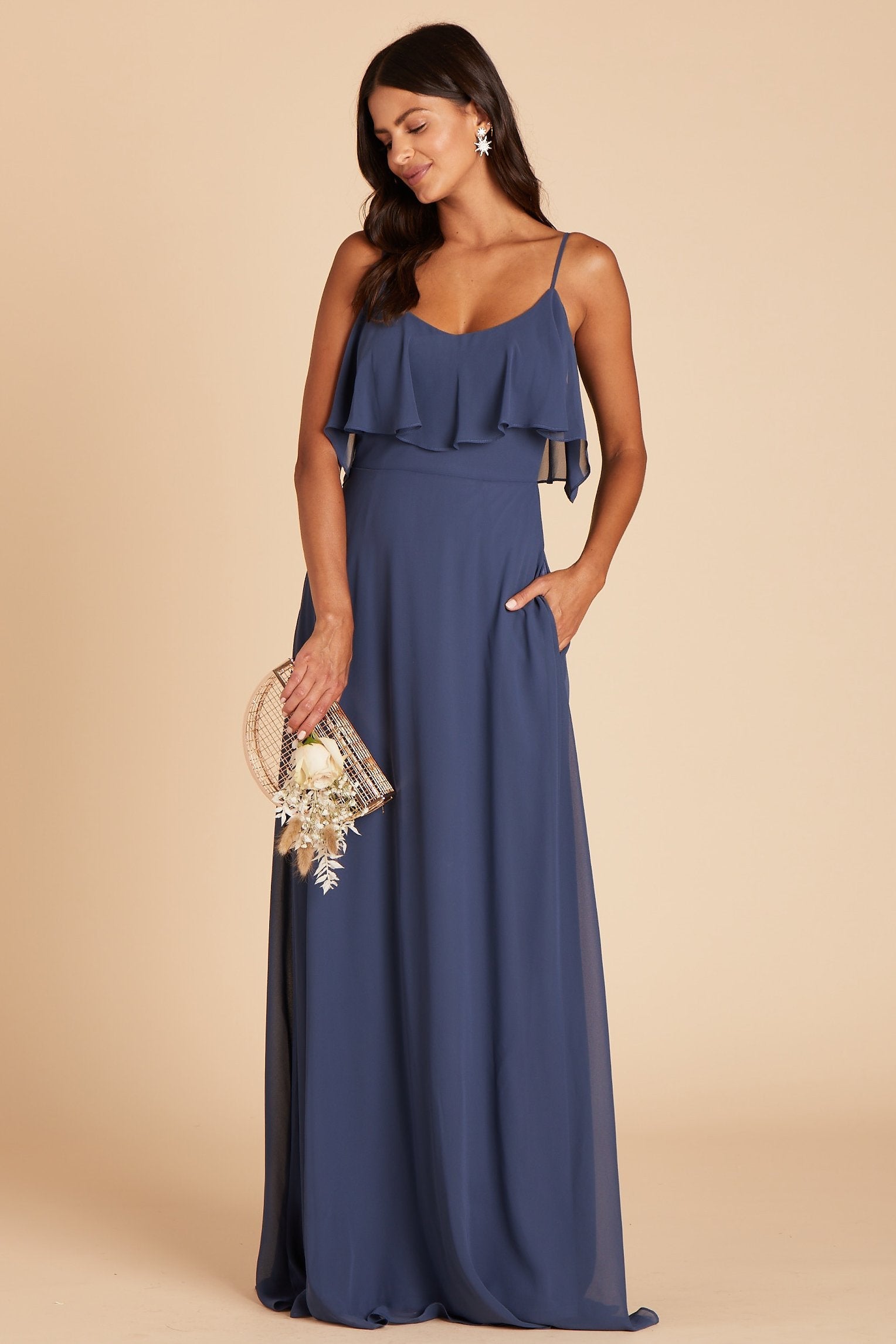 Jane convertible bridesmaid dress in slate blue chiffon by Birdy Grey, front view with hand in pocket