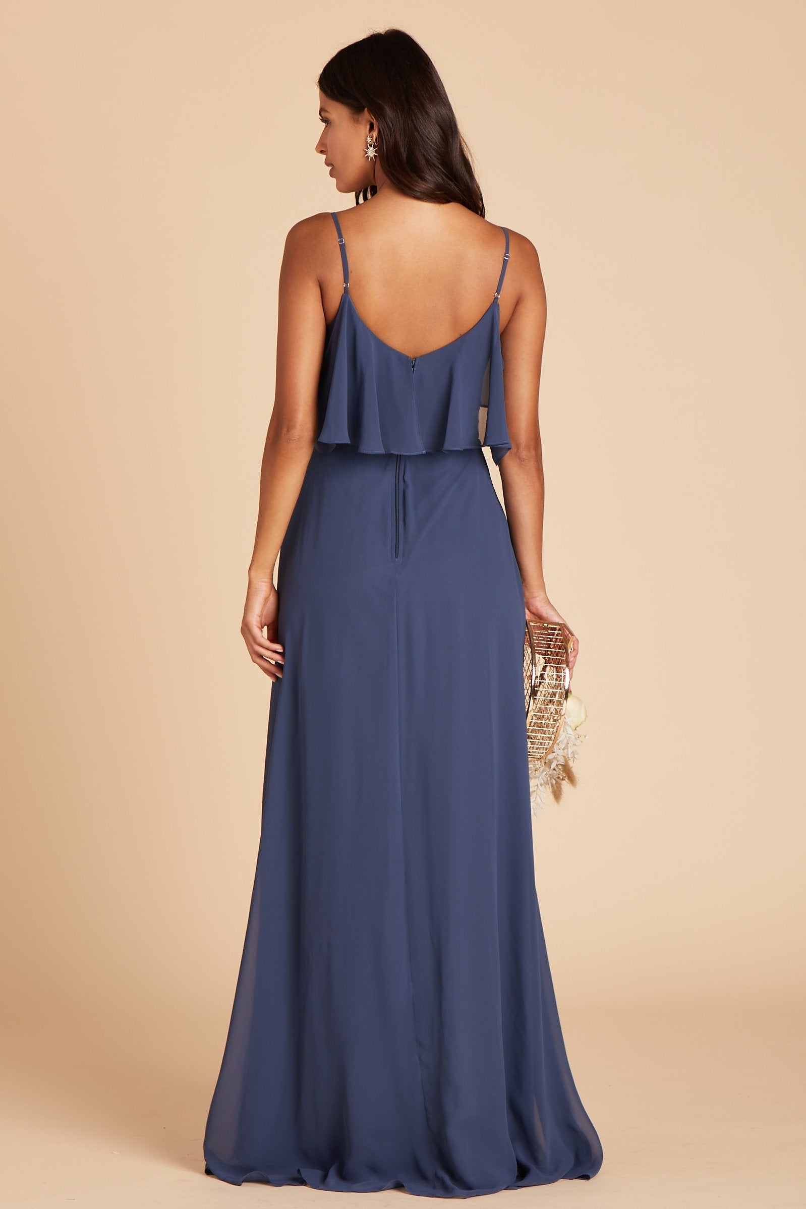 Jane convertible bridesmaid dress in slate blue chiffon by Birdy Grey, back view