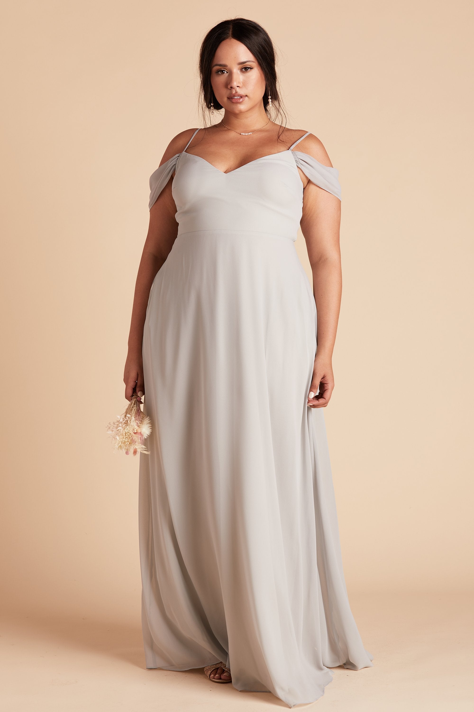 Devin convertible plus size bridesmaid dress in dove gray chiffon by Birdy Grey, front view