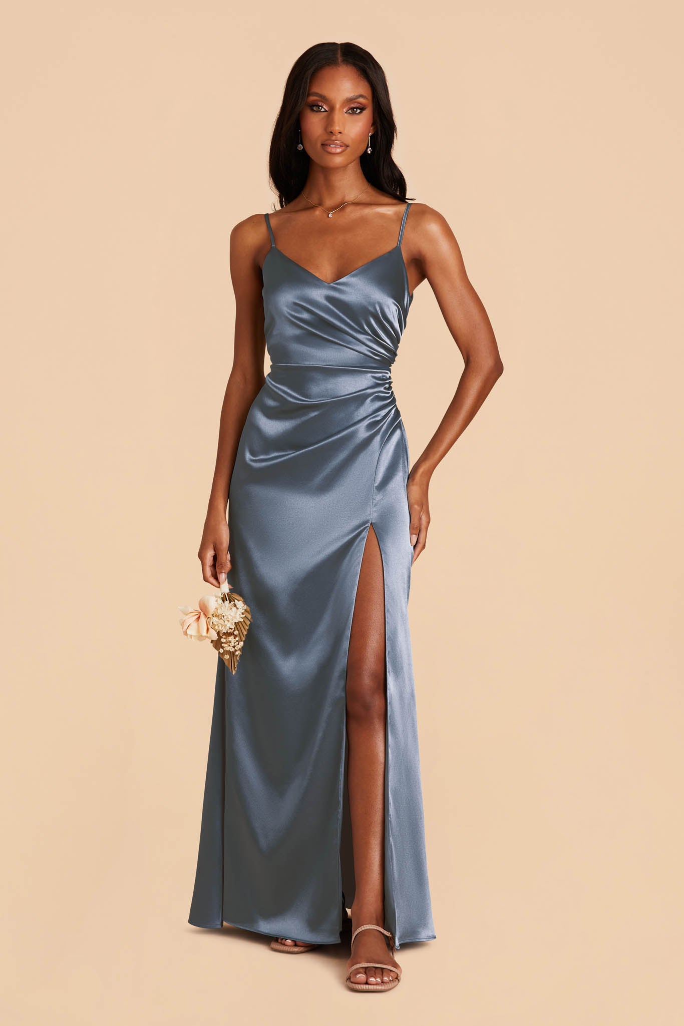 Elevated Romance Navy Blue Satin Asymmetrical Maxi Slip Dress