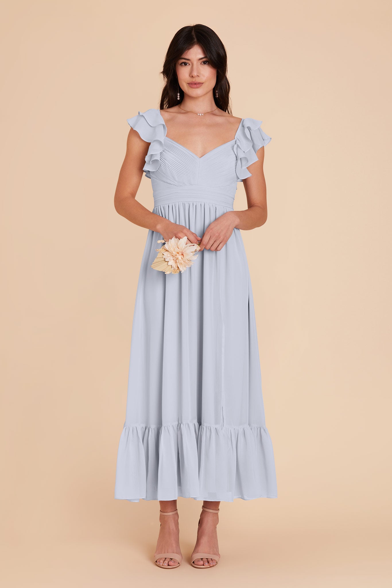 Light Apricot Ruffle Strap Tie Back Midi Dress - Grace and Garment