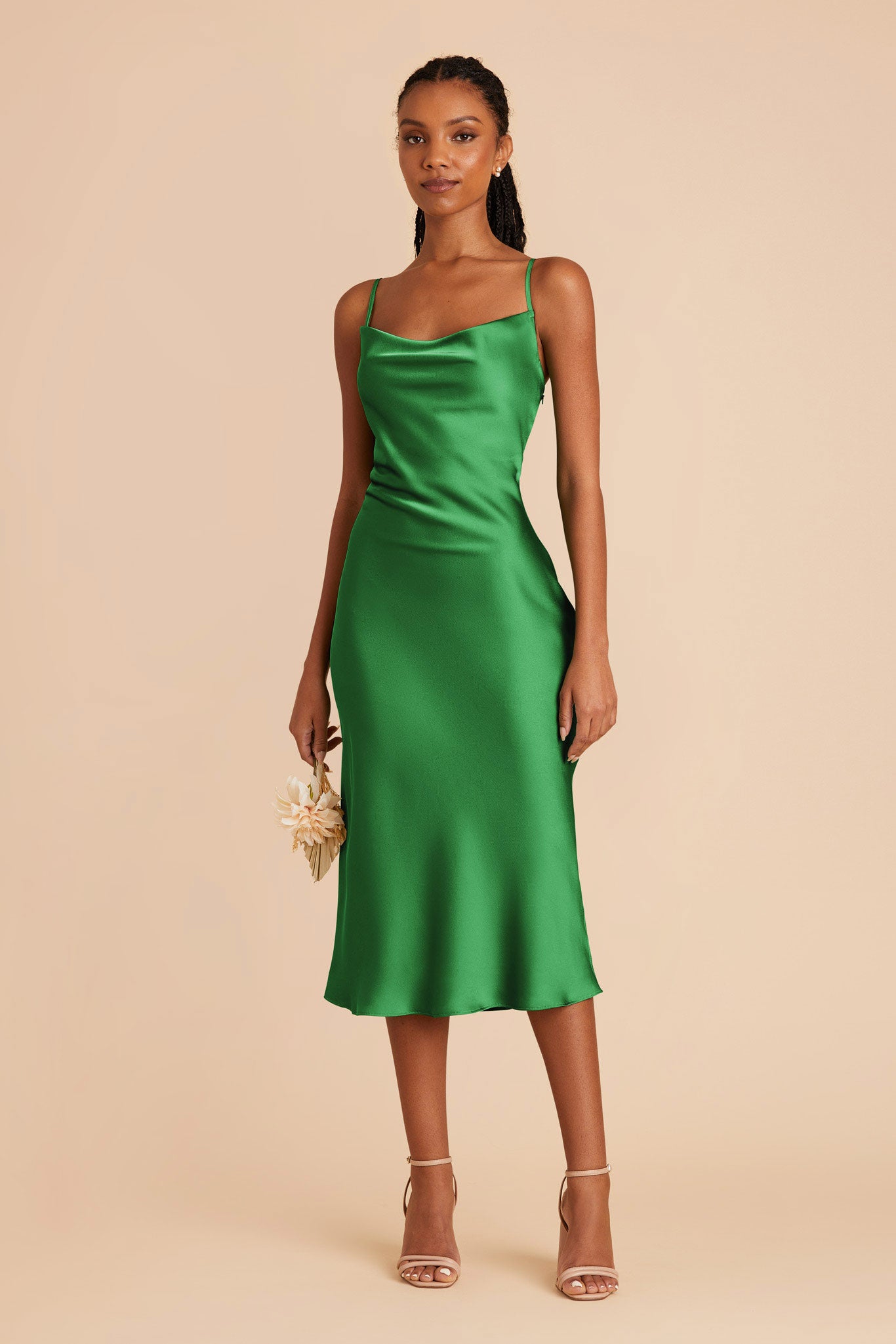 Lisa Matte Satin Cowl Neck Midi Slip Bridesmaid Dress in Kelly Green |  Birdy Grey